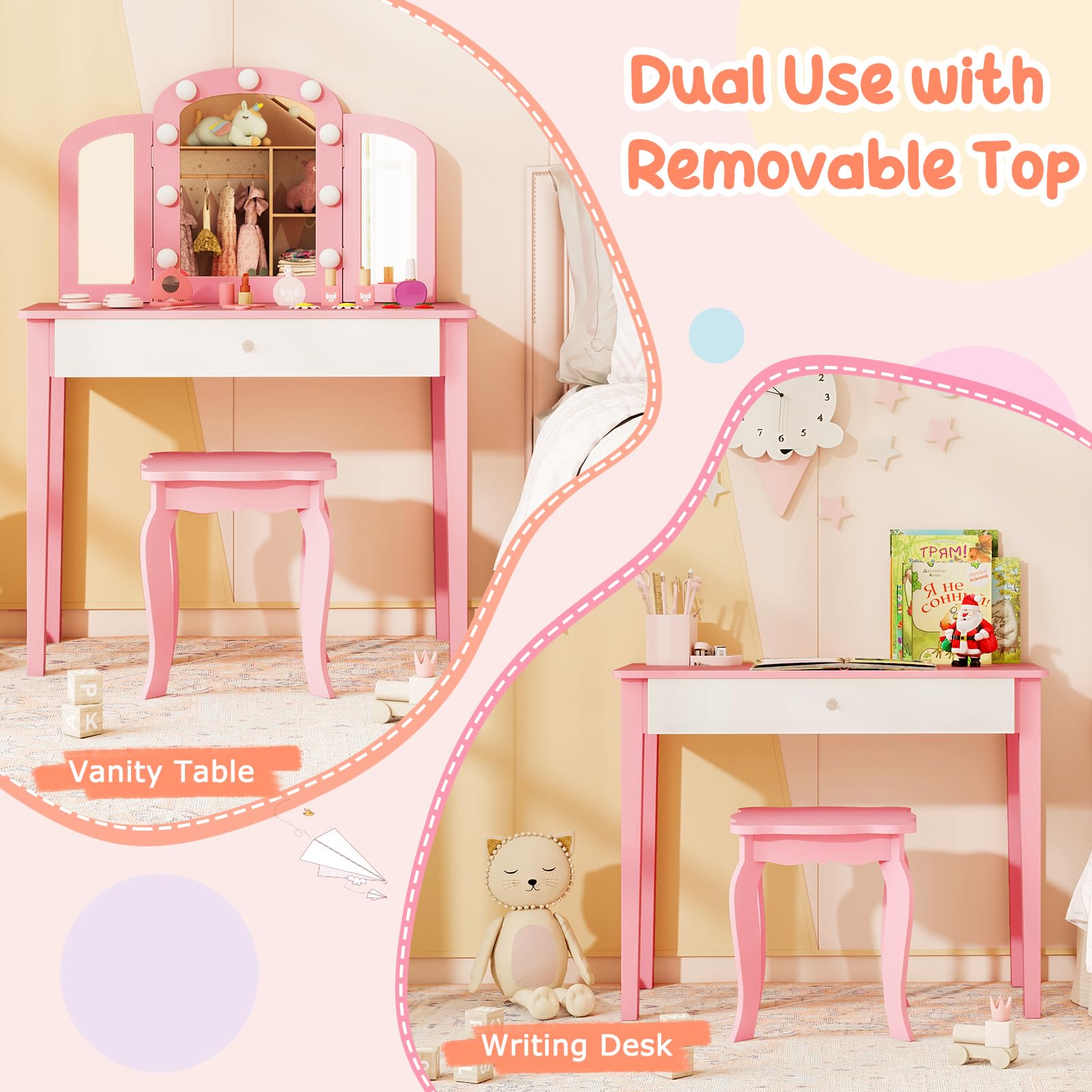 HOGEBABY Kids Vanity Girls Vanity Set with Mirror and Stool and Lights - Image 7