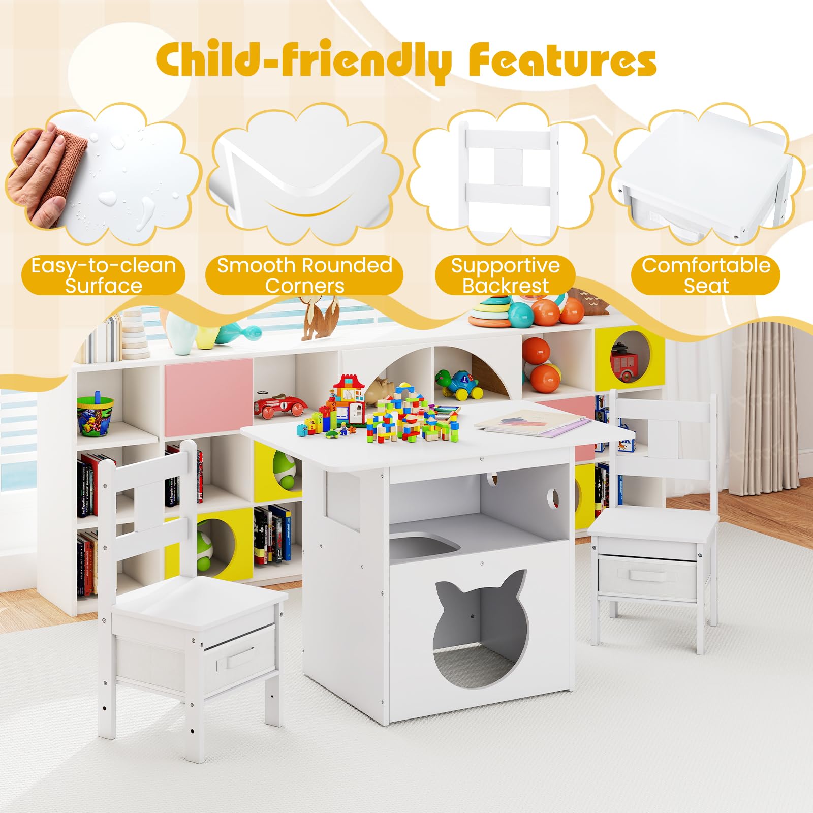 HOGEBABY Kids Table and Chairs 2 in 1 Wooden Desk Set with Cat House - Image 7
