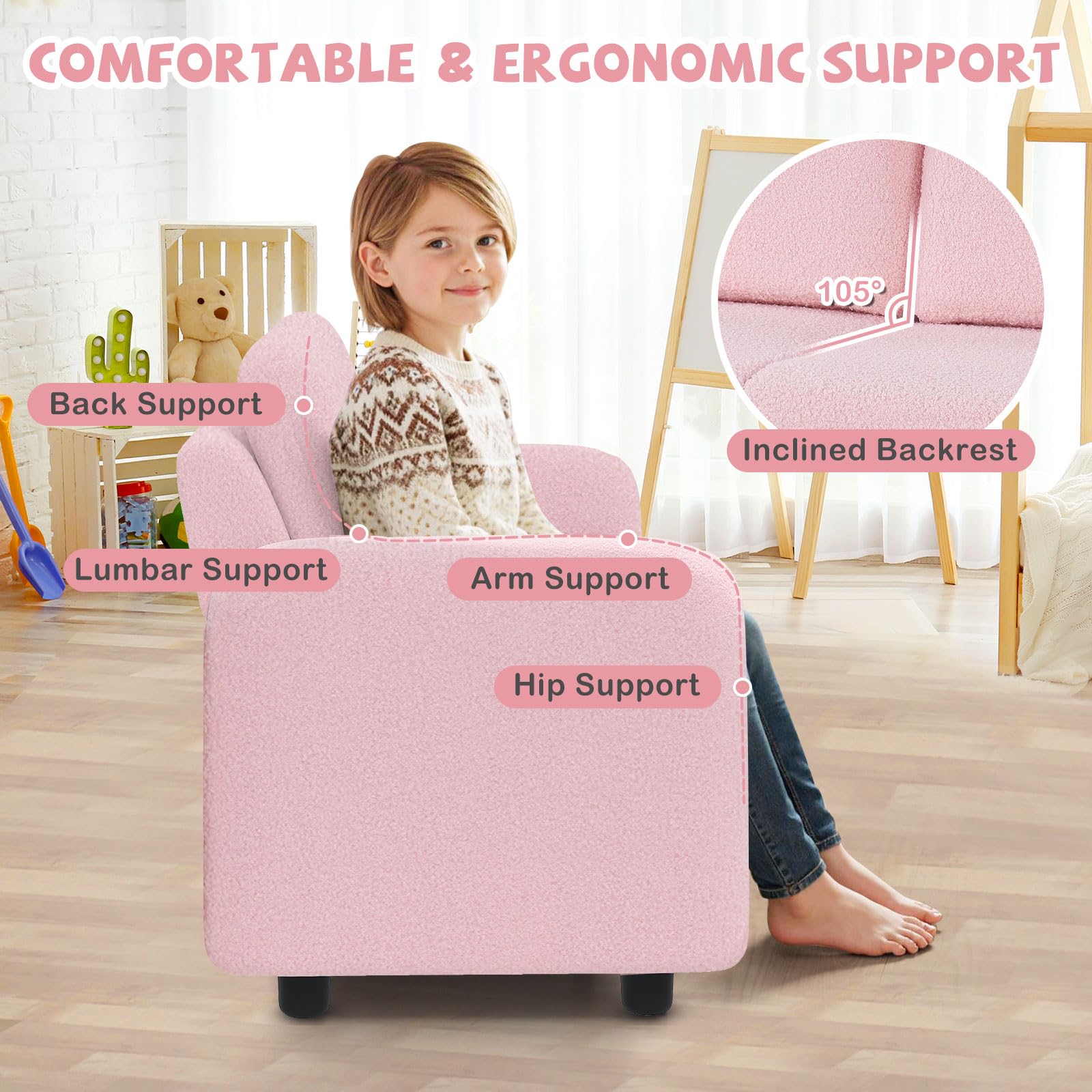 HOGEBABY Kids Pink Couch Toddler Armrest Chair w/Teddy Fleece Upholstery & Solid Wooden Frame - Image 7