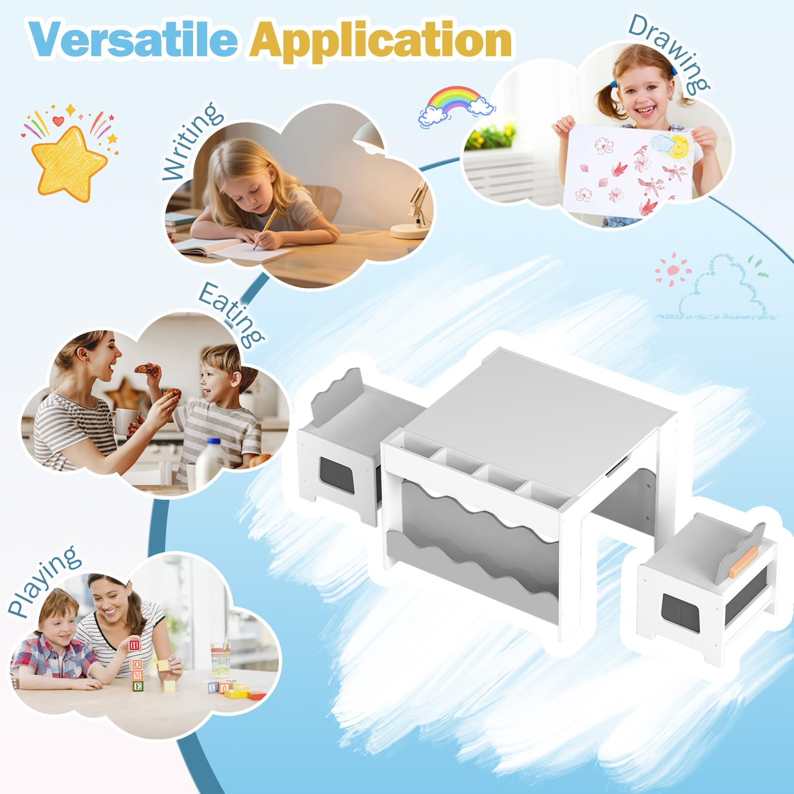 HOGEBABY Kids Table and Chairs | Wooden 4-in-1 Activity Desk Set w/Double-Sided Tabletop - Image 9