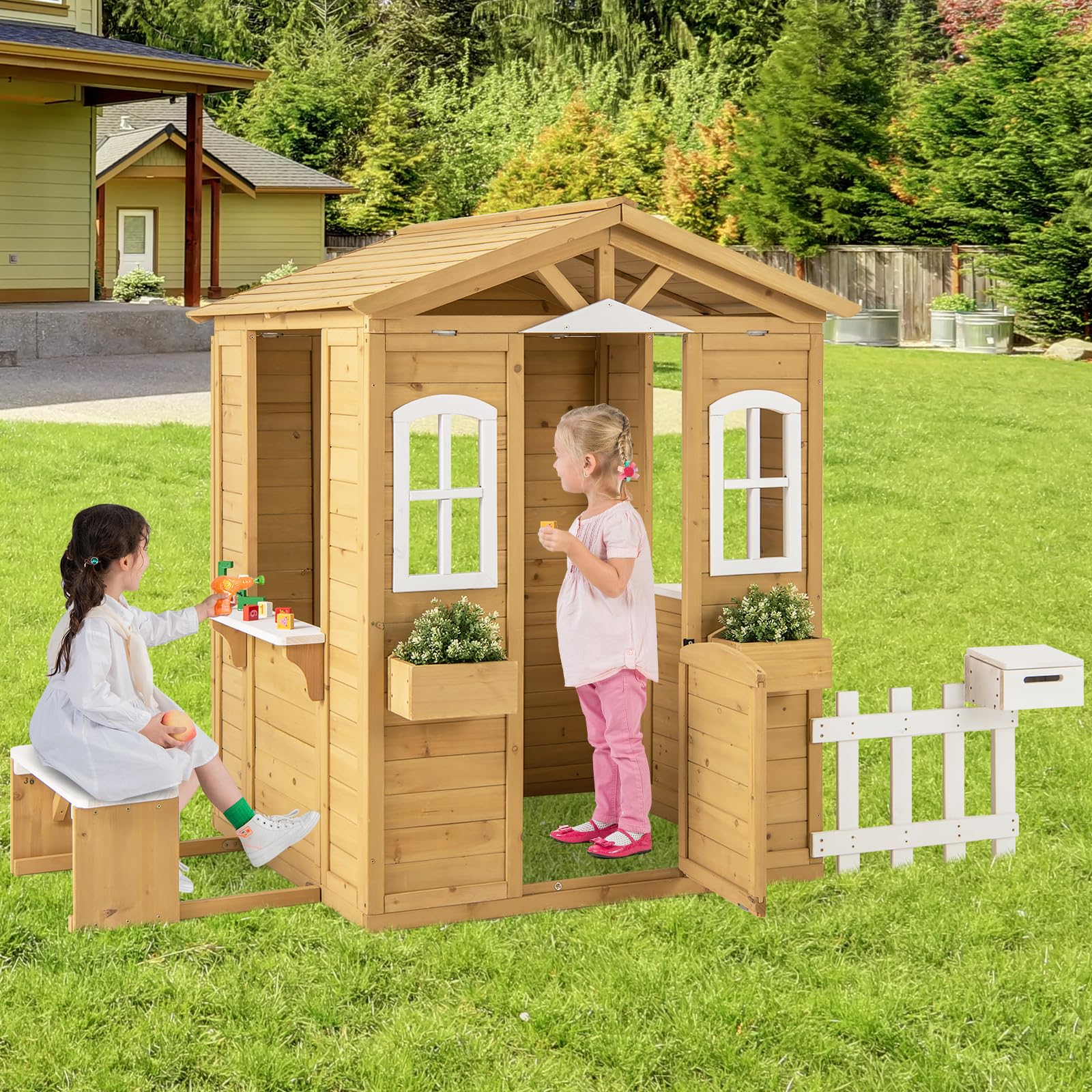 HOGEBABY Fir Wood Outdoor Playhouse for 2+ Years Old Kids - Image 7
