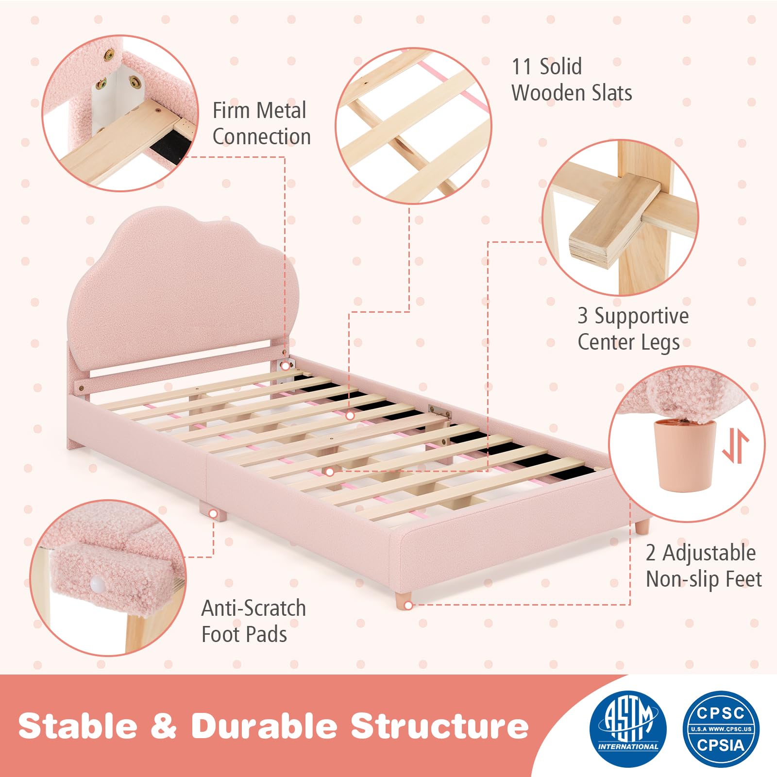 HOGEBABY Twin Bed Frames with Adjustable Headboard, Upholstered Wooden Kids Bed w/Slats Support - Image 8