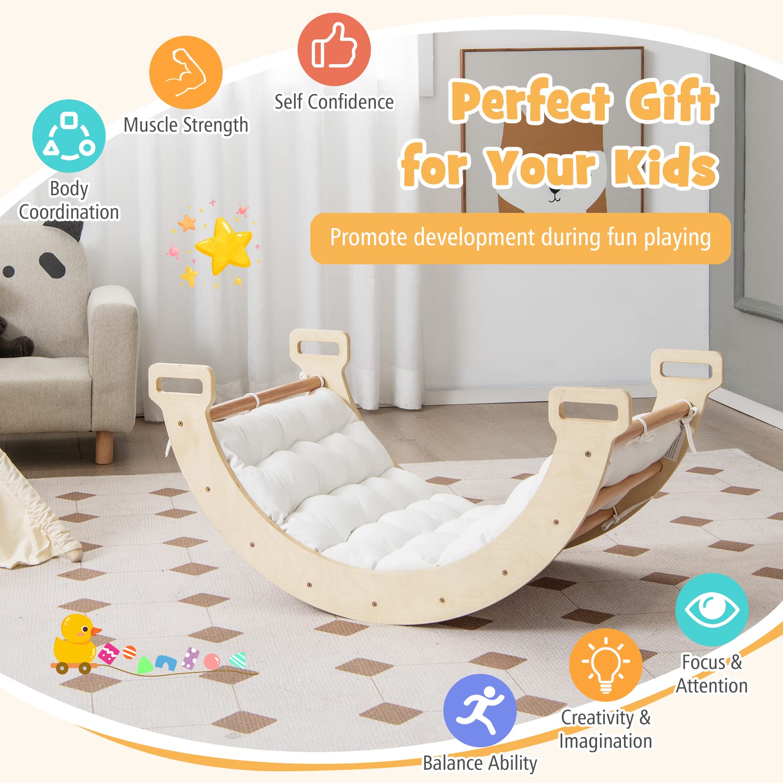 HOGEBABY Climbing Toys for Toddlers, 2-in-1 Montessori Wooden Arch Climber Ladder Structure with Cozy Cushion - Image 7