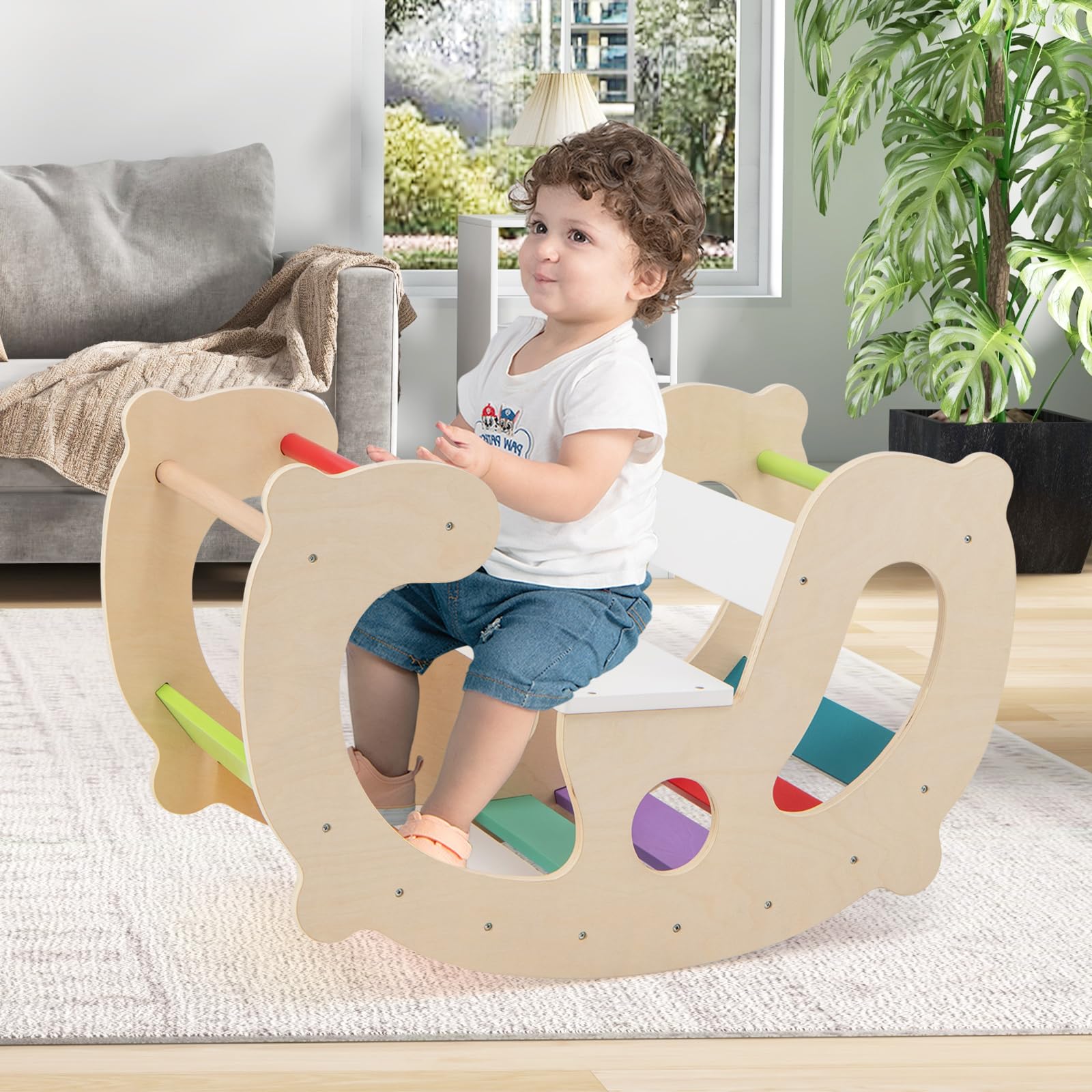 HOGEBABY 2-in-1 Toddler Rocking Arch, Montessori Climbing Set & Wooden Rocking Horse Toy with Backrest & Seat - Image 7