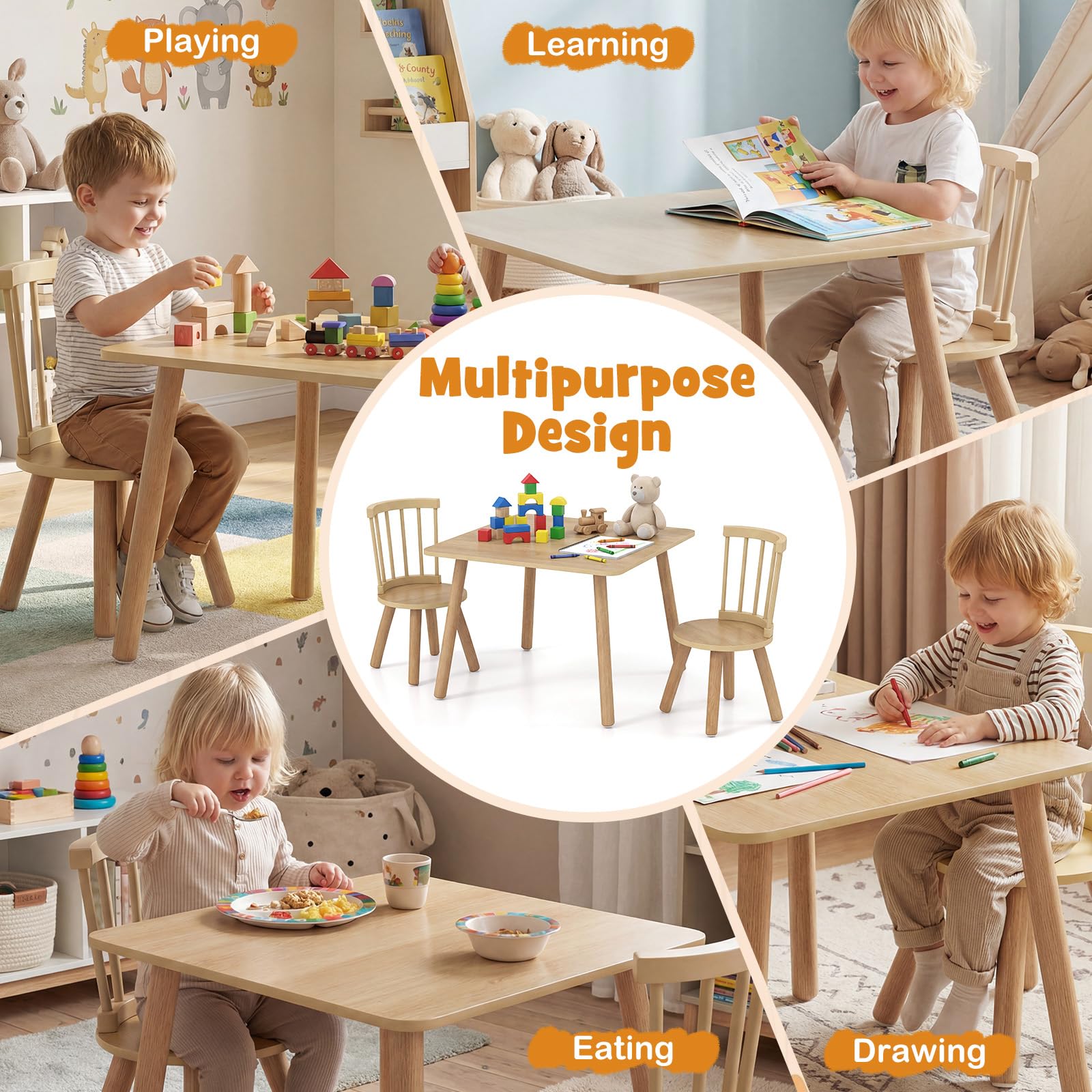 HOGEBABY Kids Table and Chairs Wooden 3 PCS Children Desk Set - Image 7