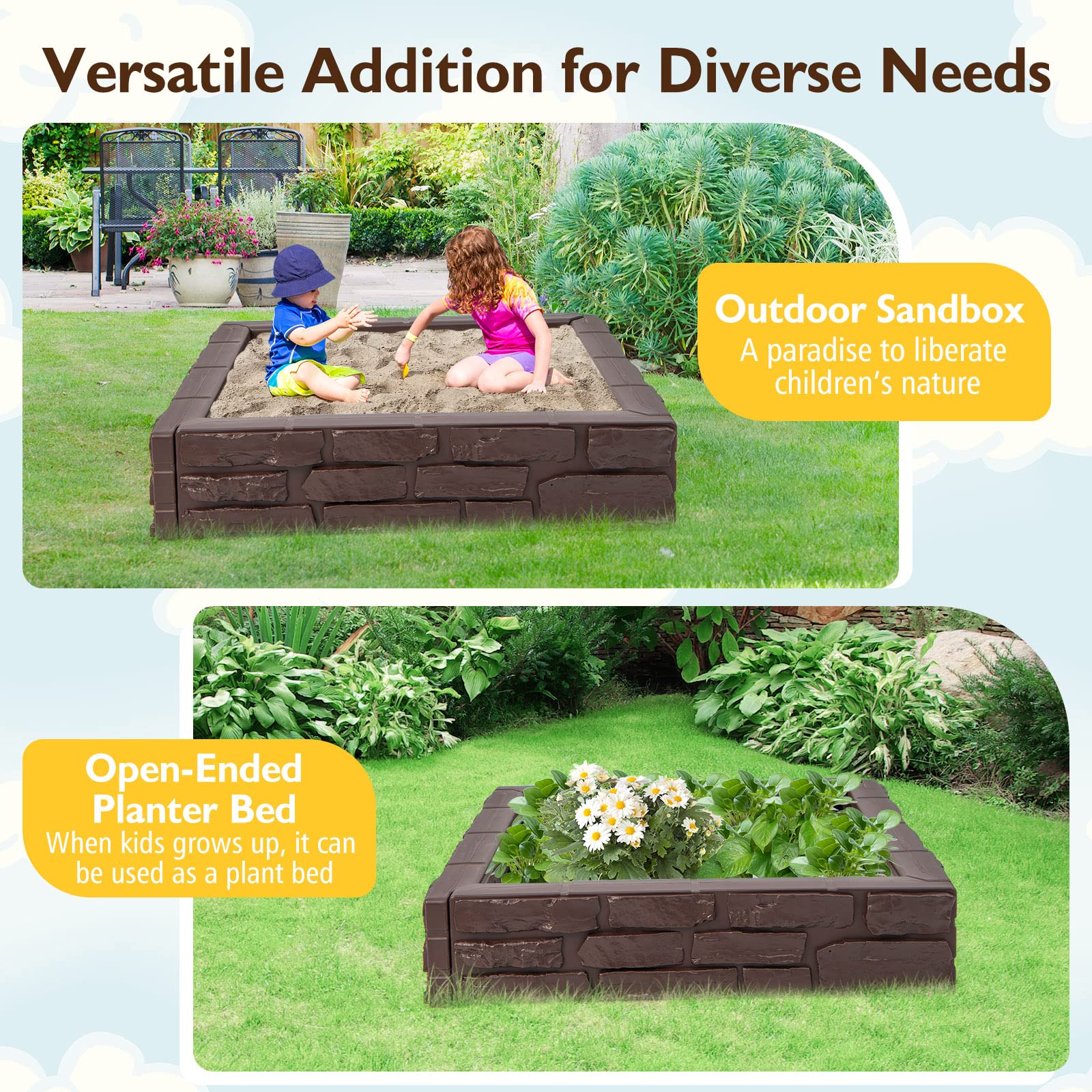 HOGEBABY Kids Sandbox with Cover, 47"x 47" HDPE Sandpit with Oxford Cover, Bottom Liner - Image 7