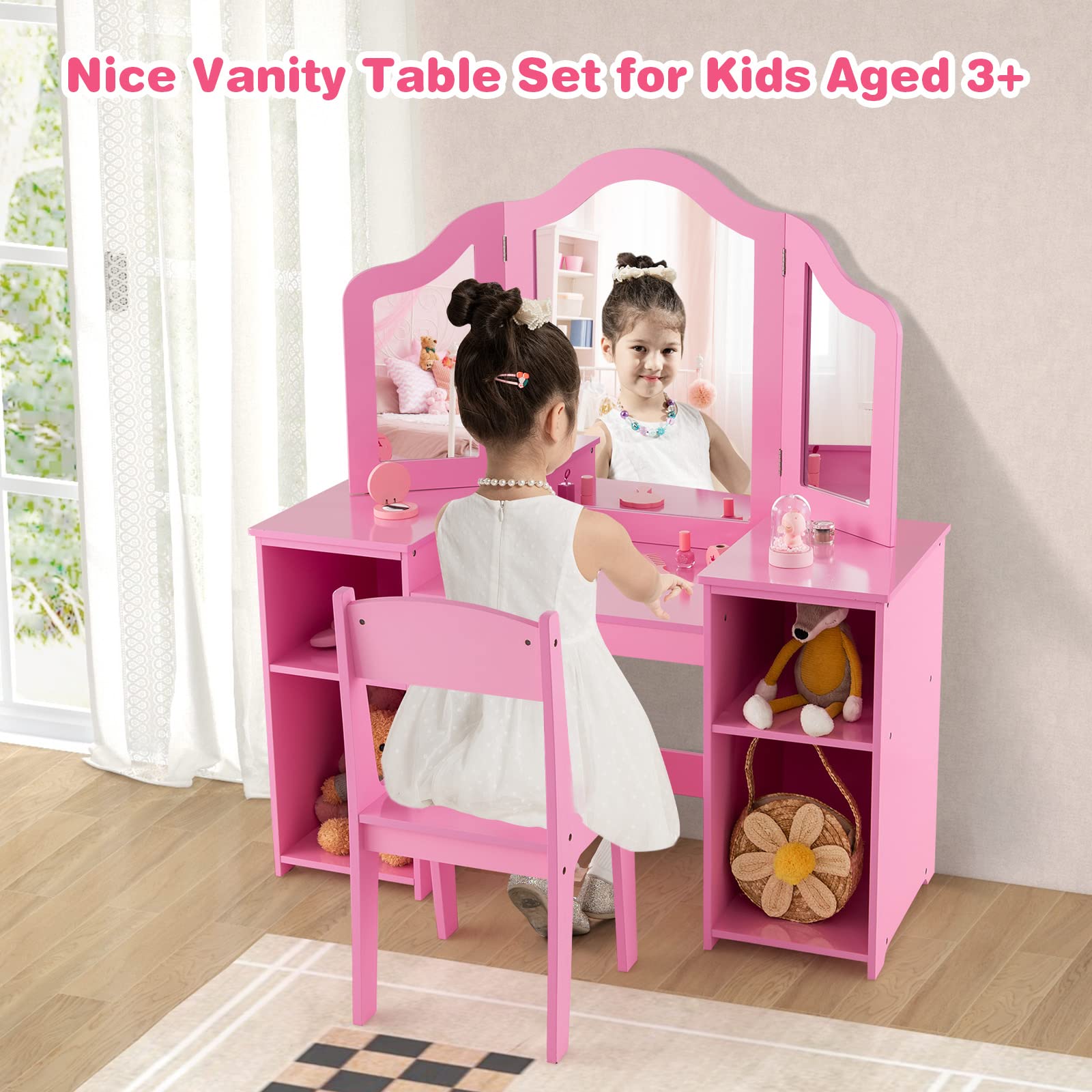 HOGEBABY Kids Vanity Set, 2 in 1 Princess Makeup Dressing Table with Detachable Tri-Folding Mirror - Image 7