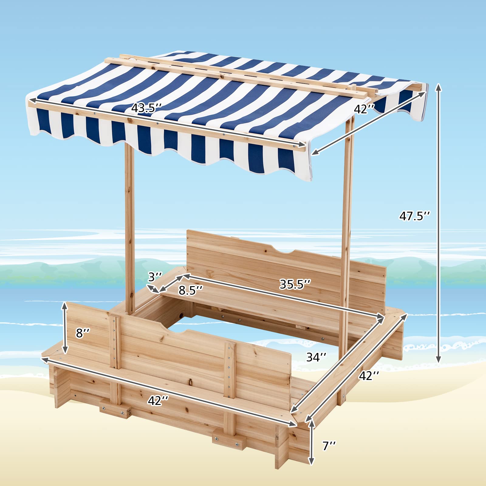 HOGEBABY Kids Wooden Sandbox with Convertible Canopy, 2 Bench Seats w/Backrest, Children Outdoor Playset - Image 7