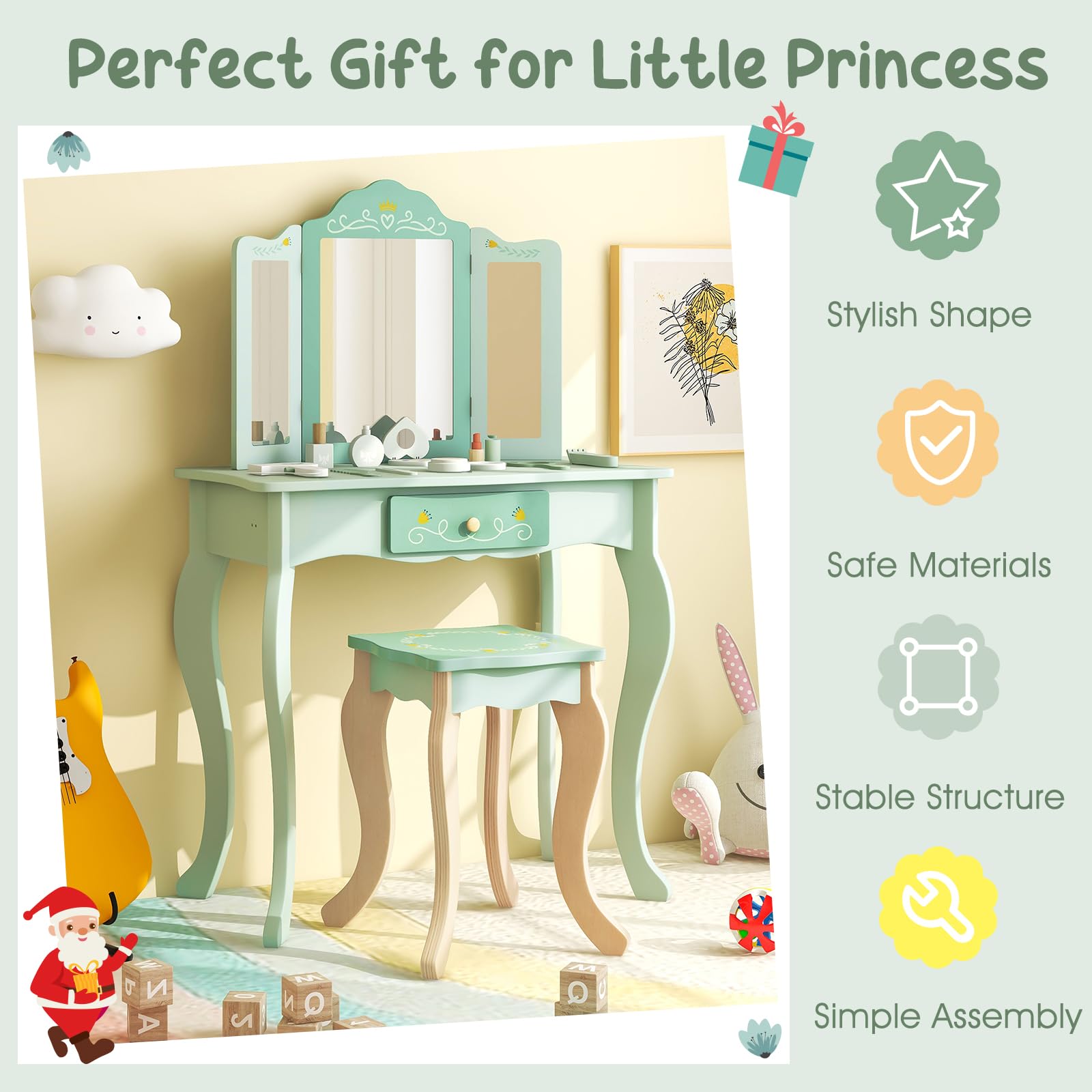 HOGEBABY Kids Vanity Set, 2 in 1 Princess Makeup Dressing Table & Chair Set w/Detachable Tri-fold Mirror - Image 9
