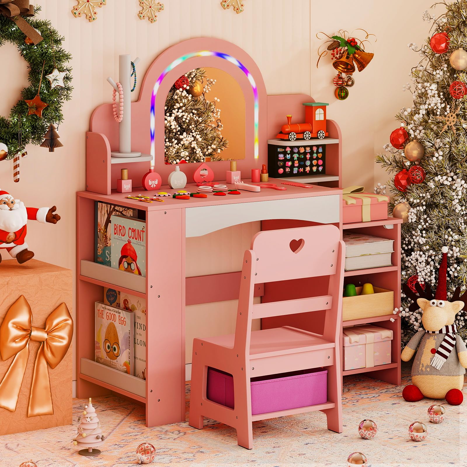 HOGEBABY Kids Vanity Girls Vanity Set with Lighted Mirror Bookshelf - Image 7