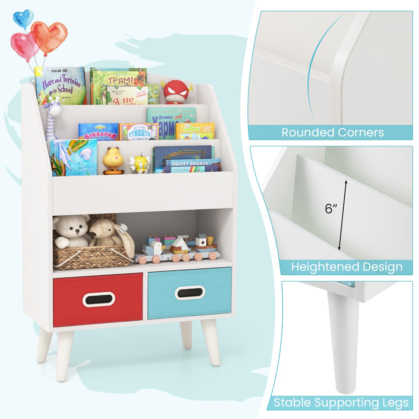 HOGEBABY Kids Bookshelf, 5-Tier Wooden Childrens Book Rack with 2 Cube Bins for Books and Toys - Image 7