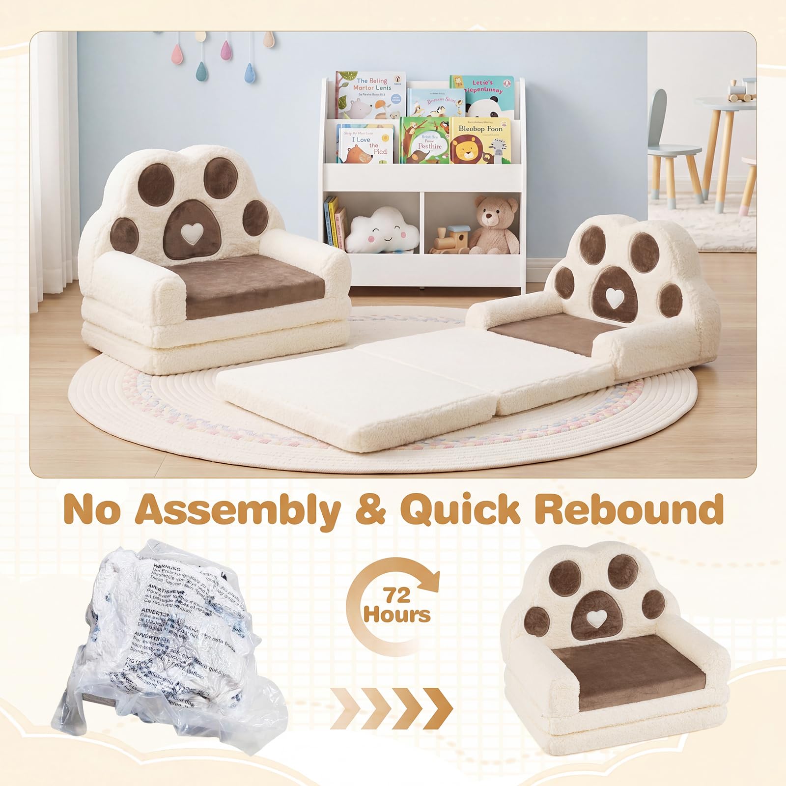 HOGEBABY 2-in-1 Convertible Kids Soft Fold Out Toddler Couch Chair Kids Furniture for Playroom (Bear Paws) - Image 6
