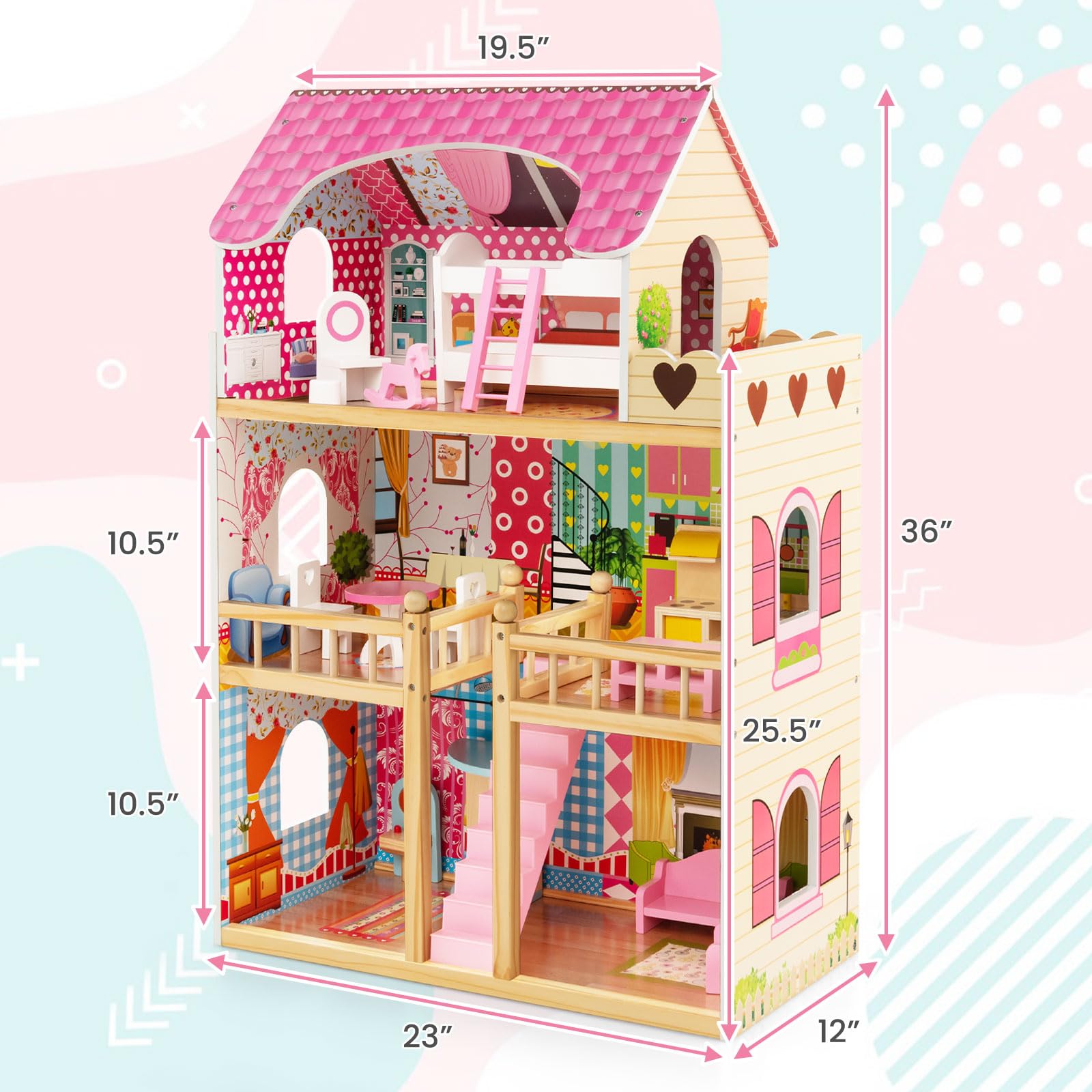 HOGEBABY Dollhouse, Toy Family House with 15 pcs Furniture, DIY Pretend Doll House - Image 8
