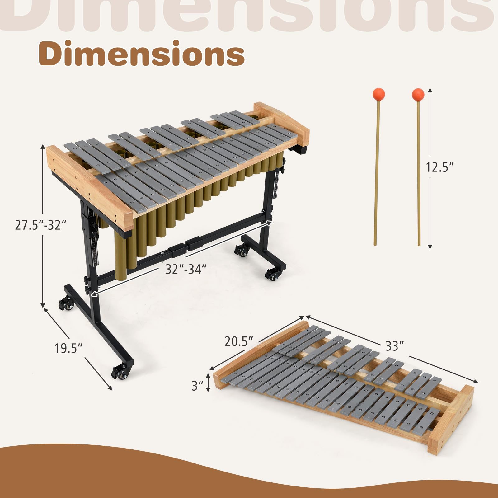 HOGEBABY 32 Note Marimba Rubber Wood Base & Resonance Tubes Adjustable Stand & Lockable Wheels - Image 8