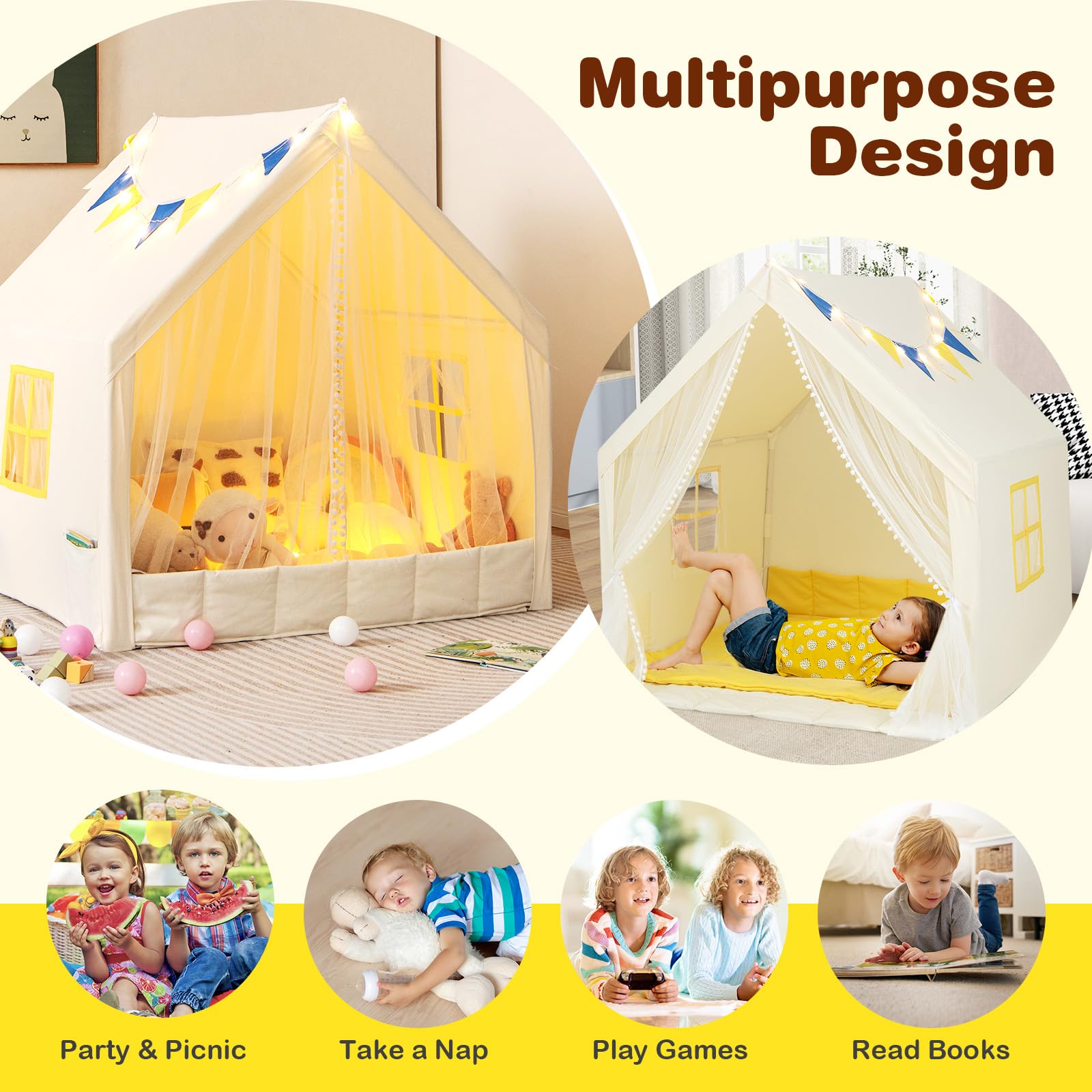 HOGEBABY Kids Tent, Toddler Indoor Outdoor Playhouse w/Windows, Washable Cotton Mat - Image 7