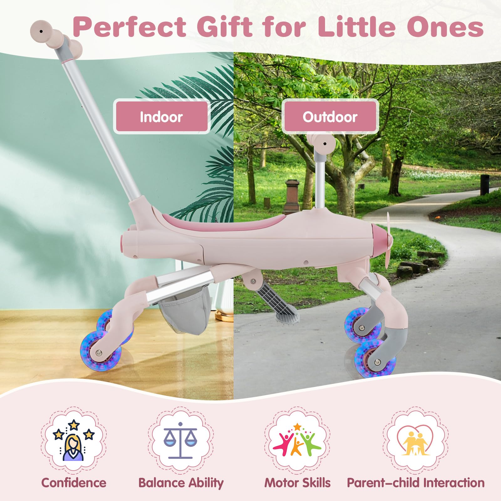 HOGEBABY Push Car for Toddlers, 2 in 1 Stroller Sliding Walking Car with LED Flashing Wheels, Removable & Adjustable Push Handle - Image 7