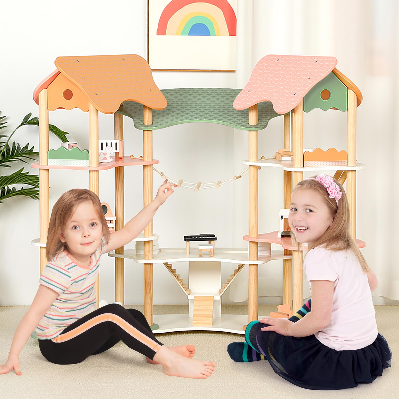 HOGEBABY Wooden Dollhouse for Kids, 3-Story Luxury Doll House with 32 Pieces Furniture Accessories - Image 2