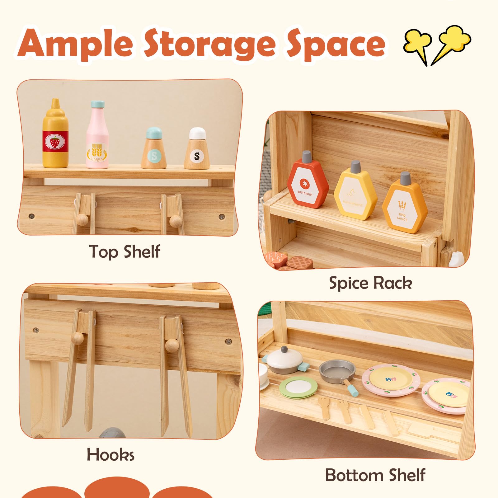 HOGEBABY Kids Grill Playset, Wooden Kids BBQ Grill Playset with Play FoodWith Shelf - Image 7