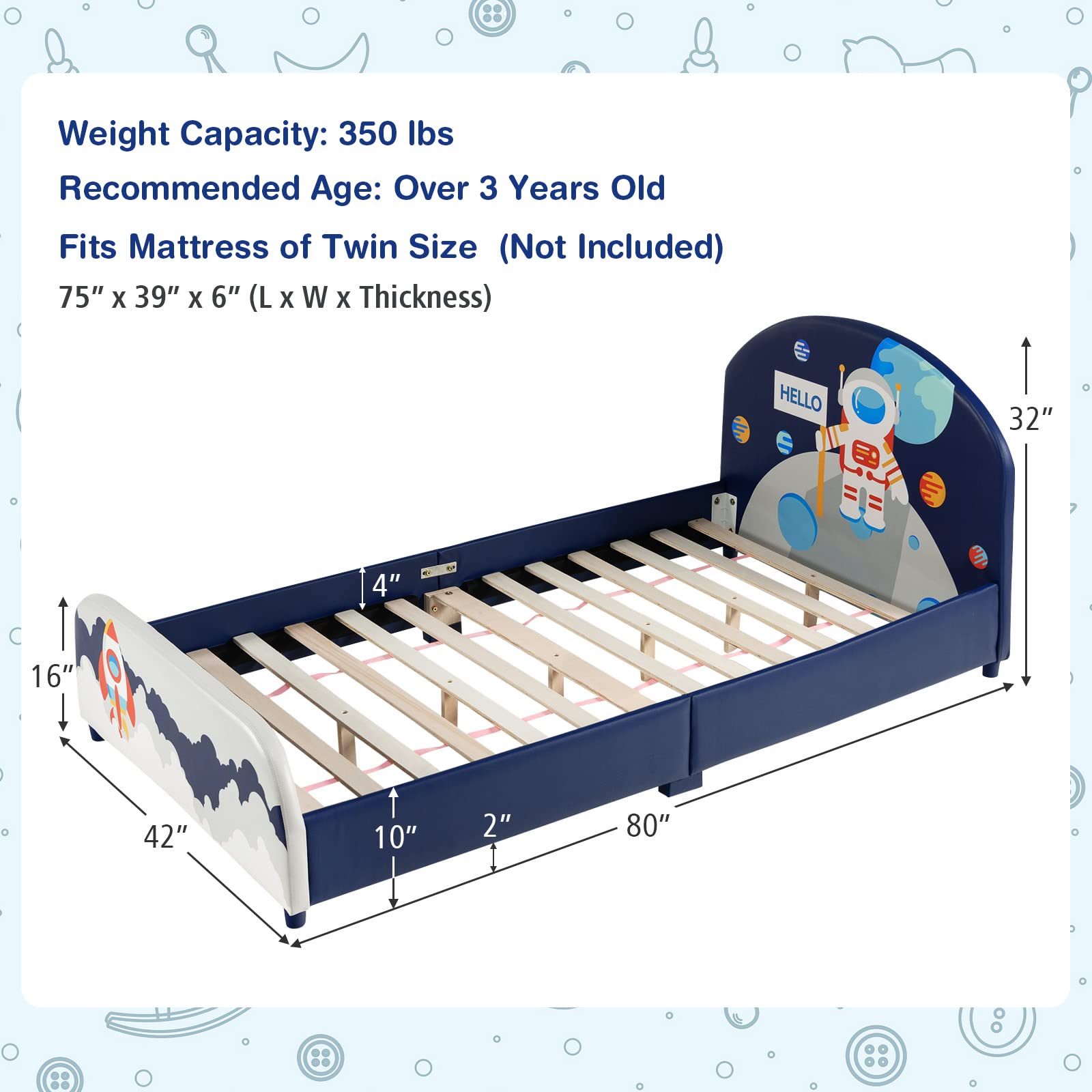 HOGEBABY Twin Bed Frames for Kids, Wood Upholstered Twin Bed Platform with Slat Support - Image 10