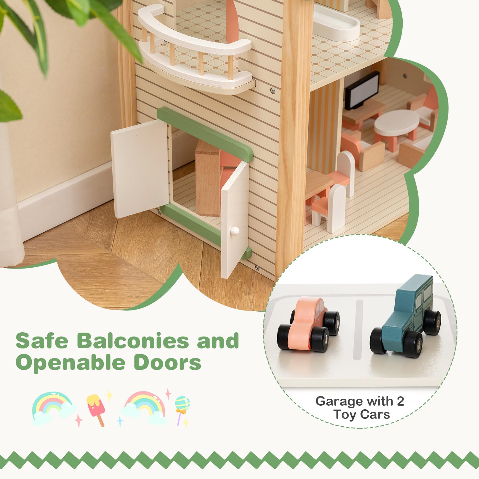 HOGEBABY Wooden Dollhouse for Kids, 3-Story Luxury Doll House with 36 Pieces Furniture Accessories - Image 8