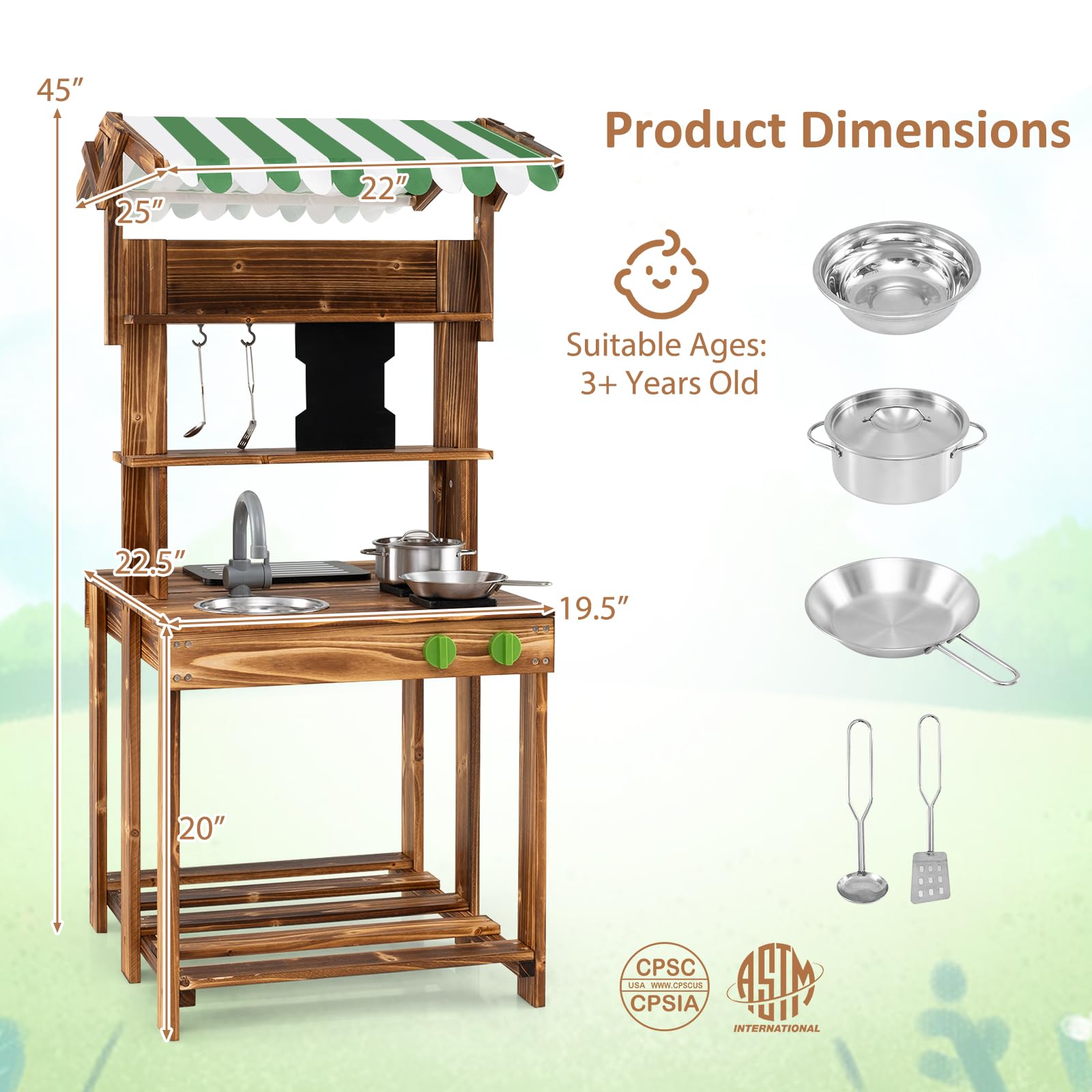 HOGEBABY Double Sided Outdoor Play Kitchen and Barbecue Grill Playset with Canopy - Image 7