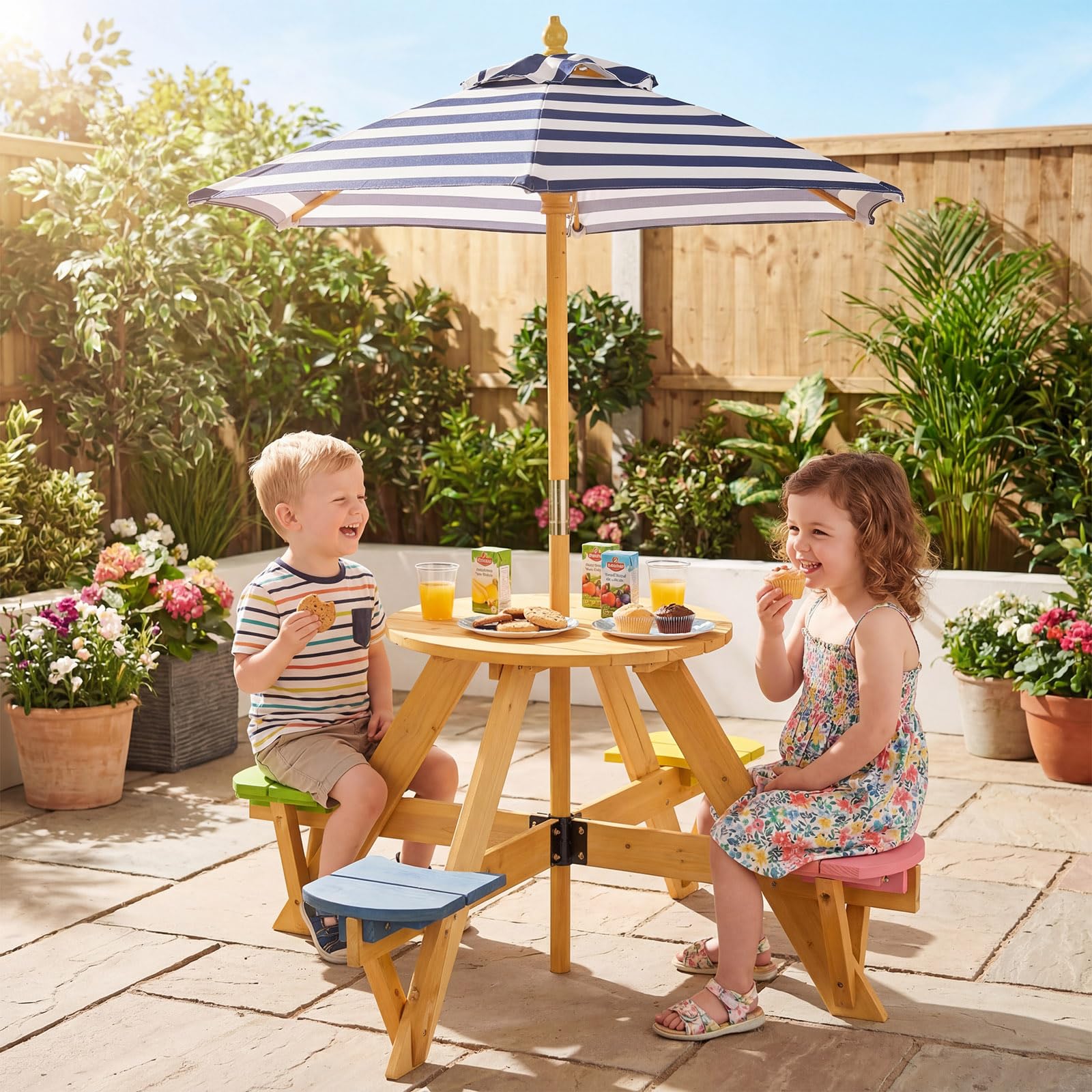 HOGEBABY Kids Picnic Table | 4-Person Wooden Toddler Outdoor Table & Stool Set with Adjustable Umbrella - Image 7