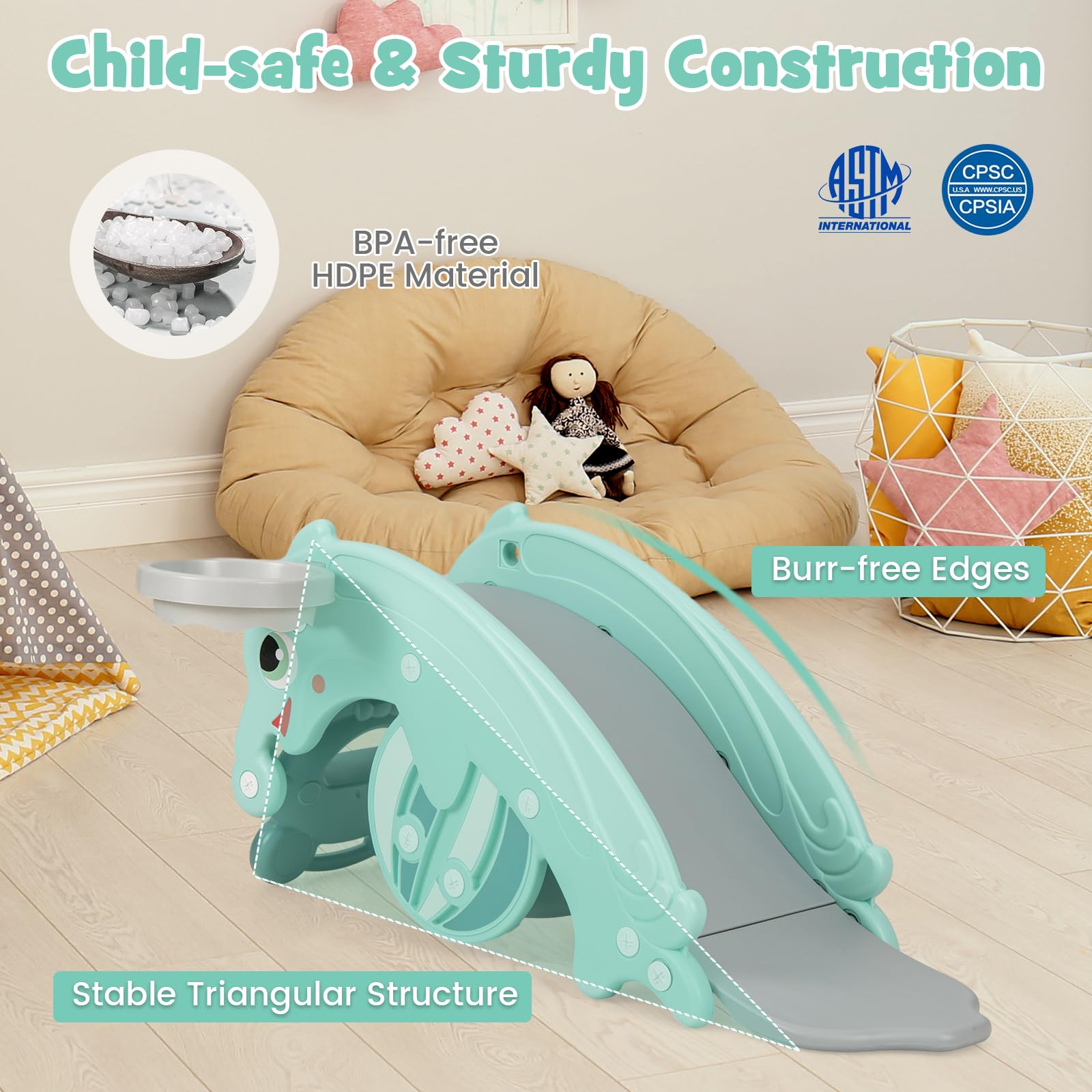HOGEBABY 4 in 1 Toddler Slide Rocking Toy, Slide for Kids with Basketball Hoop, Climber Playground Kids Slide for Both Indoors Outdoor Use - Image 8