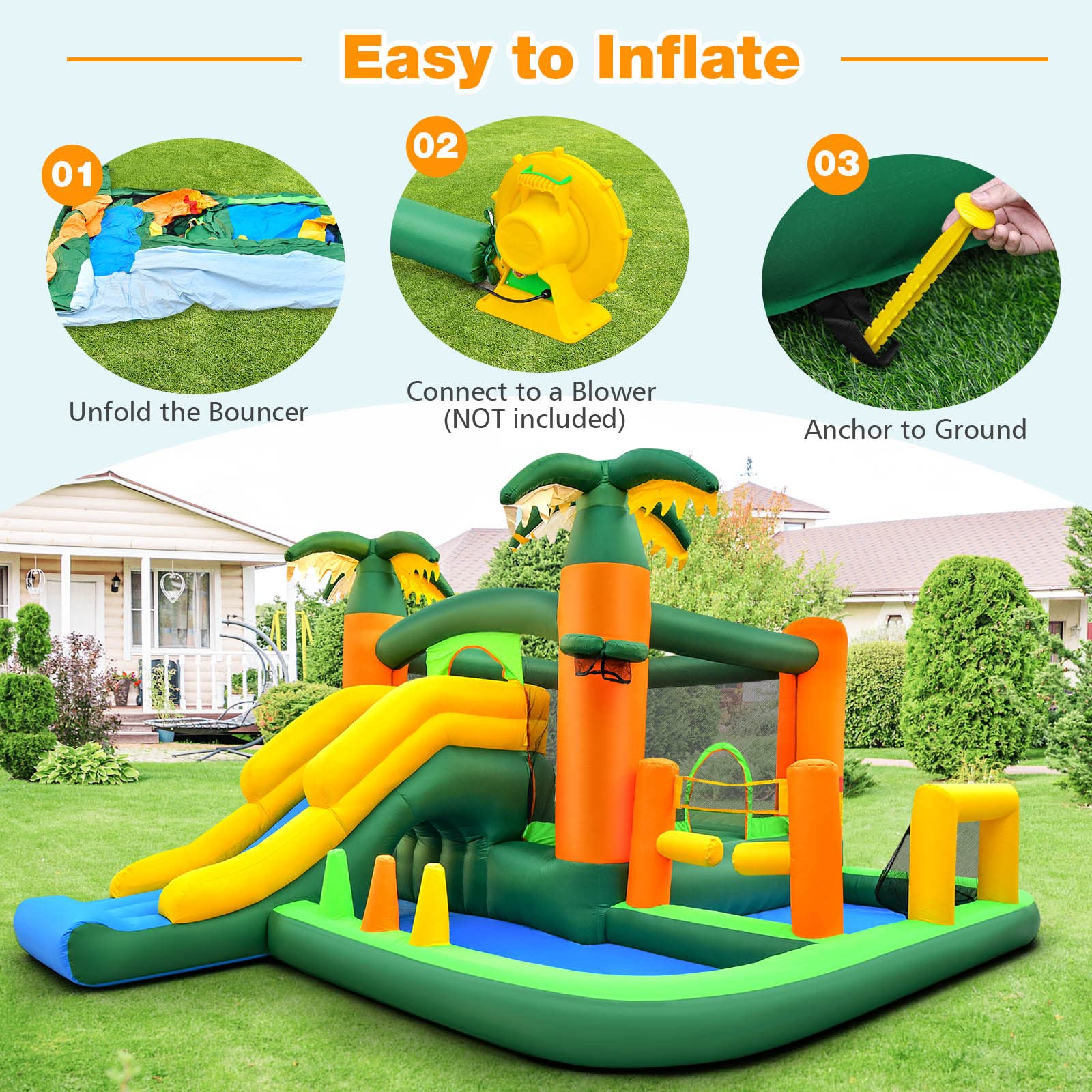 HOGEBABY Inflatable Bounce House, Big Bouncy House for Toddler Kids 5-12 Indoor Outdoor Party Fun w/Slide, Football/Volleyball - Image 8