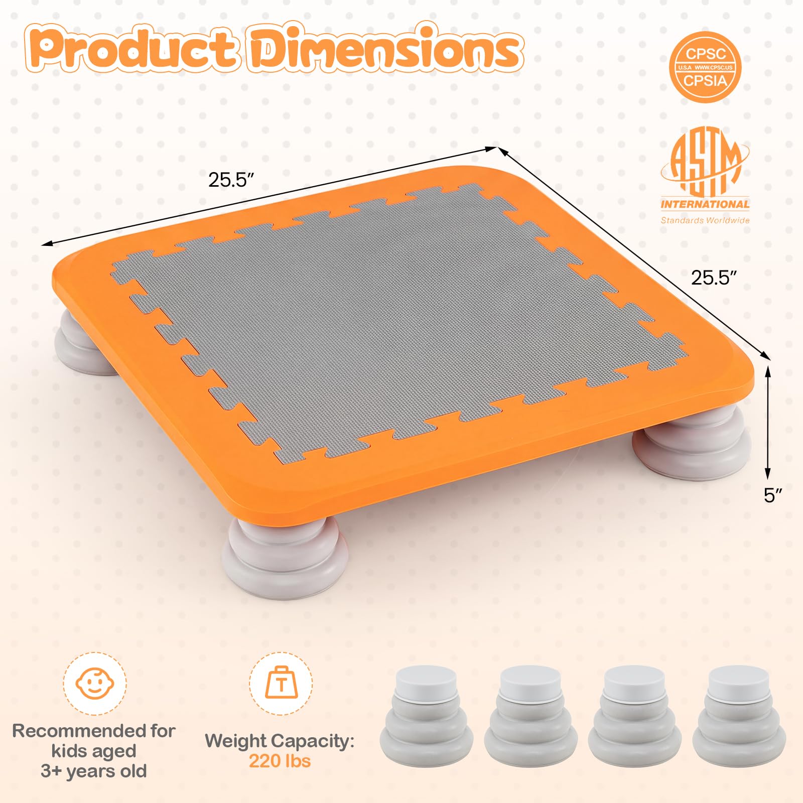 HOGEBABY 25.5" Mini Trampoline for Kids Indoor & Outdoor | Square Bounce Board w/ 4 Non-Slip & Removable Foot Pads for Sensory Integration Training - Image 5