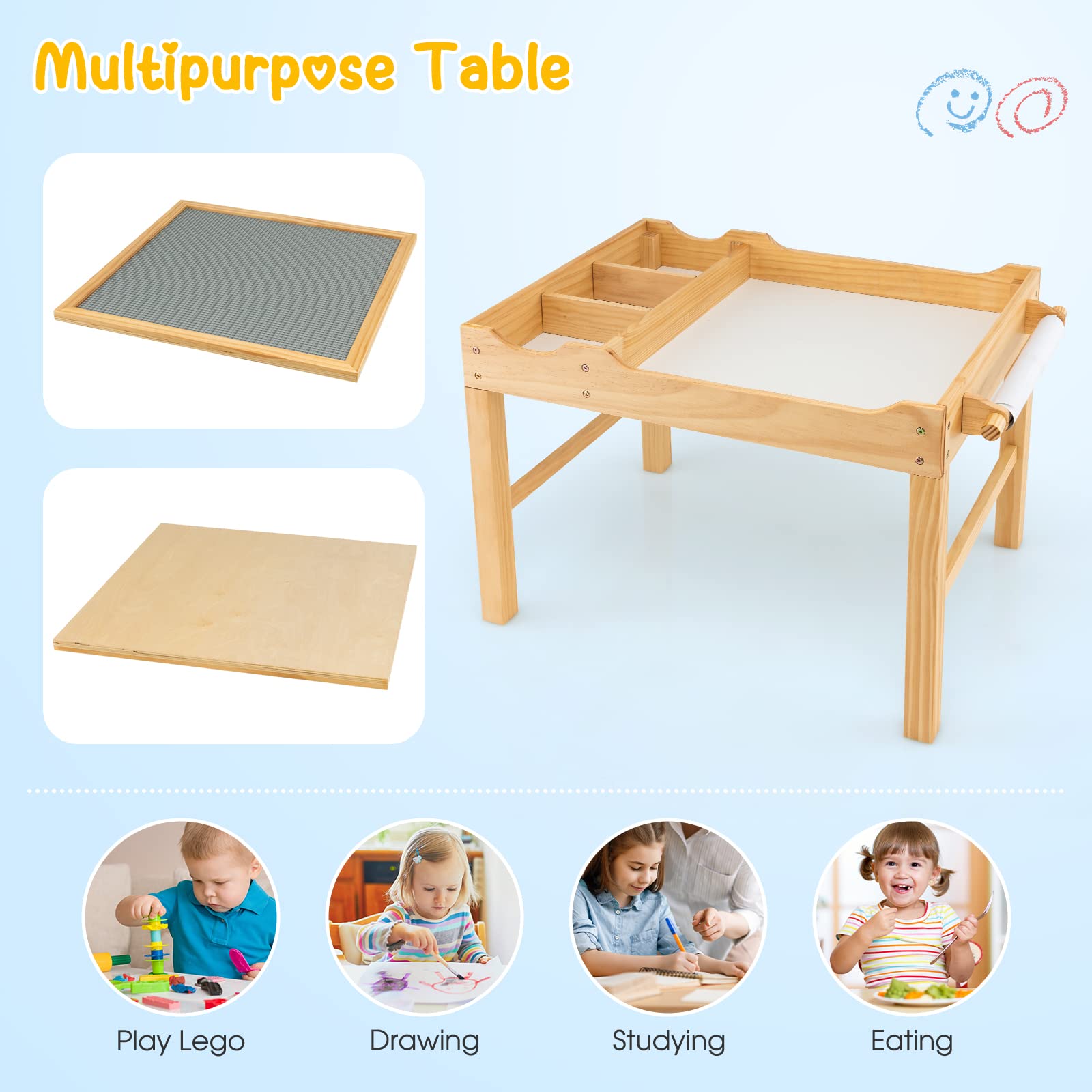 HOGEBABY Kids Table, 3 in 1 Wood Building Block Desk w/Storage, Paper Roll - Image 8