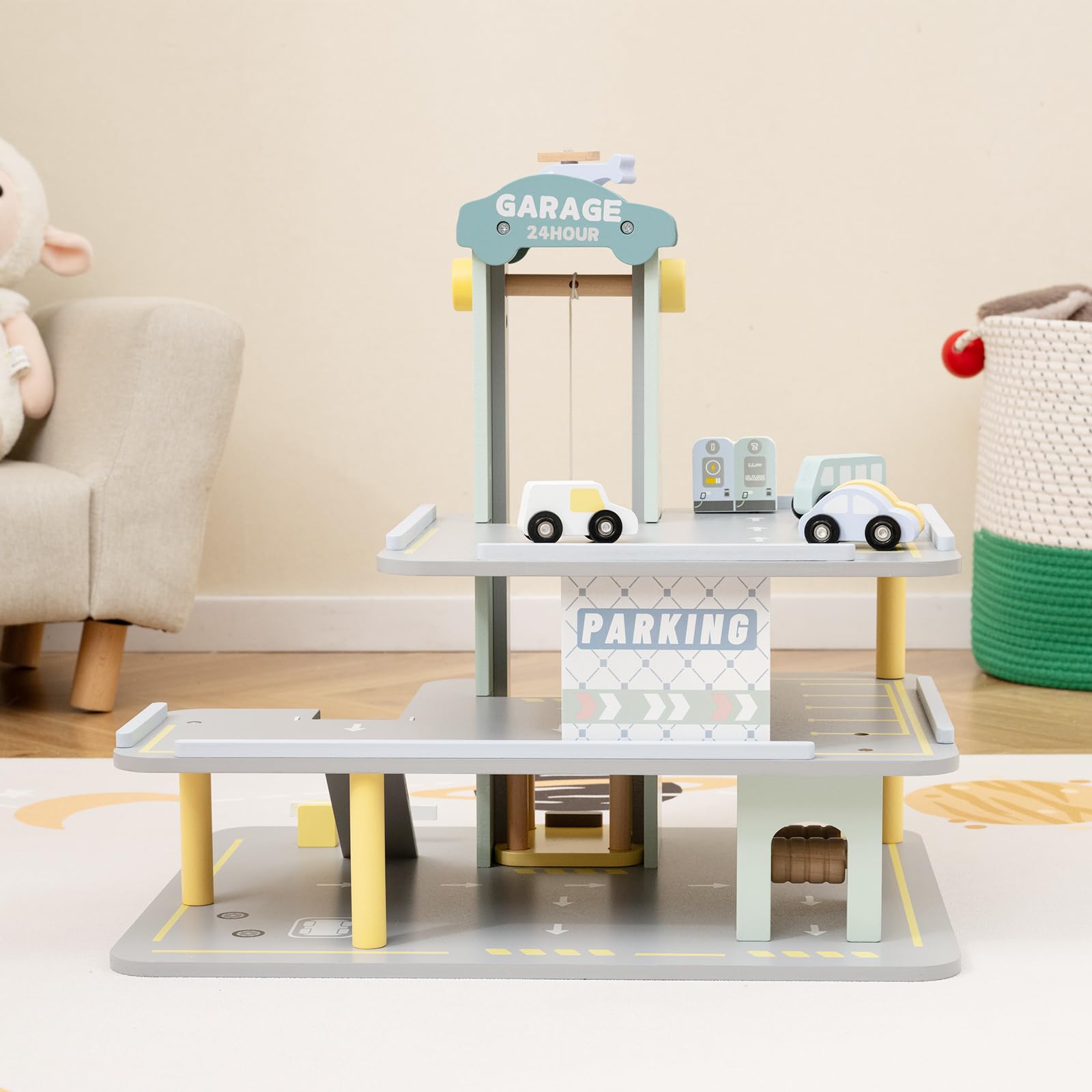 HOGEBABY Toy Car Garage, Multi-Level Wooden Toy Garage with 4 Cars, Helicopter, Gas & Charging Station - Image 2