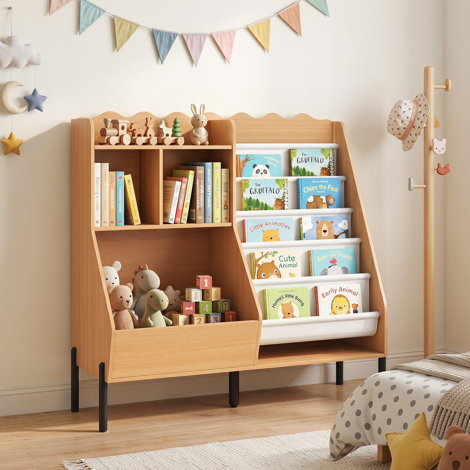 HOGEBABY 2 in 1 Wooden Kids Bookshelf | Montessori Toddler Book Shelf for Kids' Room - Image 8