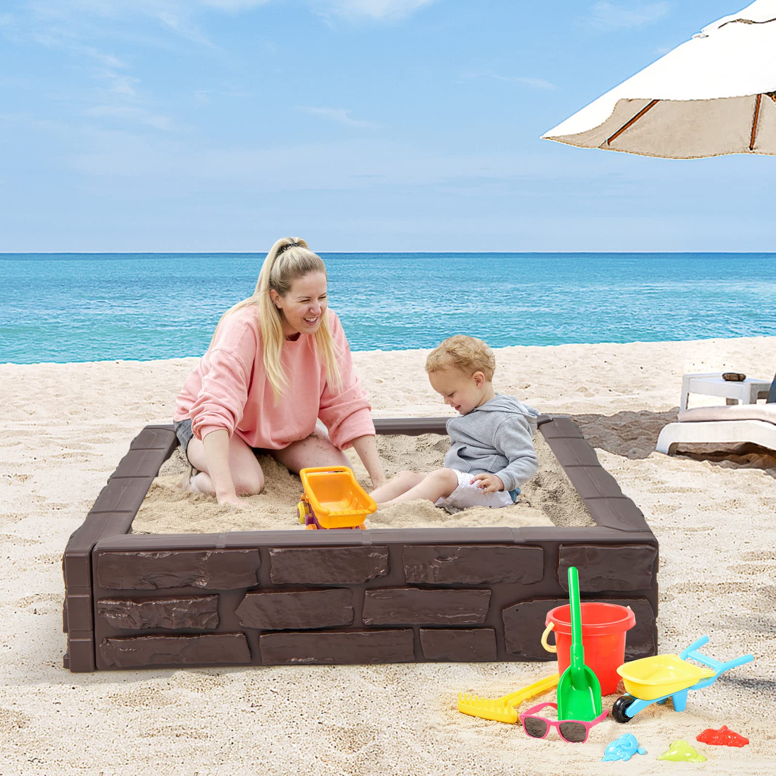 HOGEBABY Kids Sandbox with Cover, 47"x 47" HDPE Sandpit with Oxford Cover, Bottom Liner - Image 8