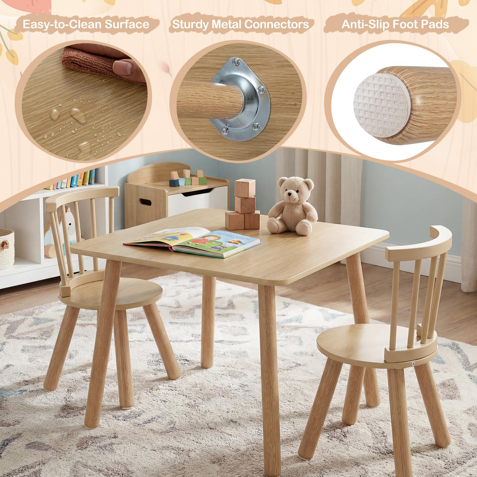 HOGEBABY Kids Table and Chairs Wooden 3 PCS Children Desk Set - Image 8