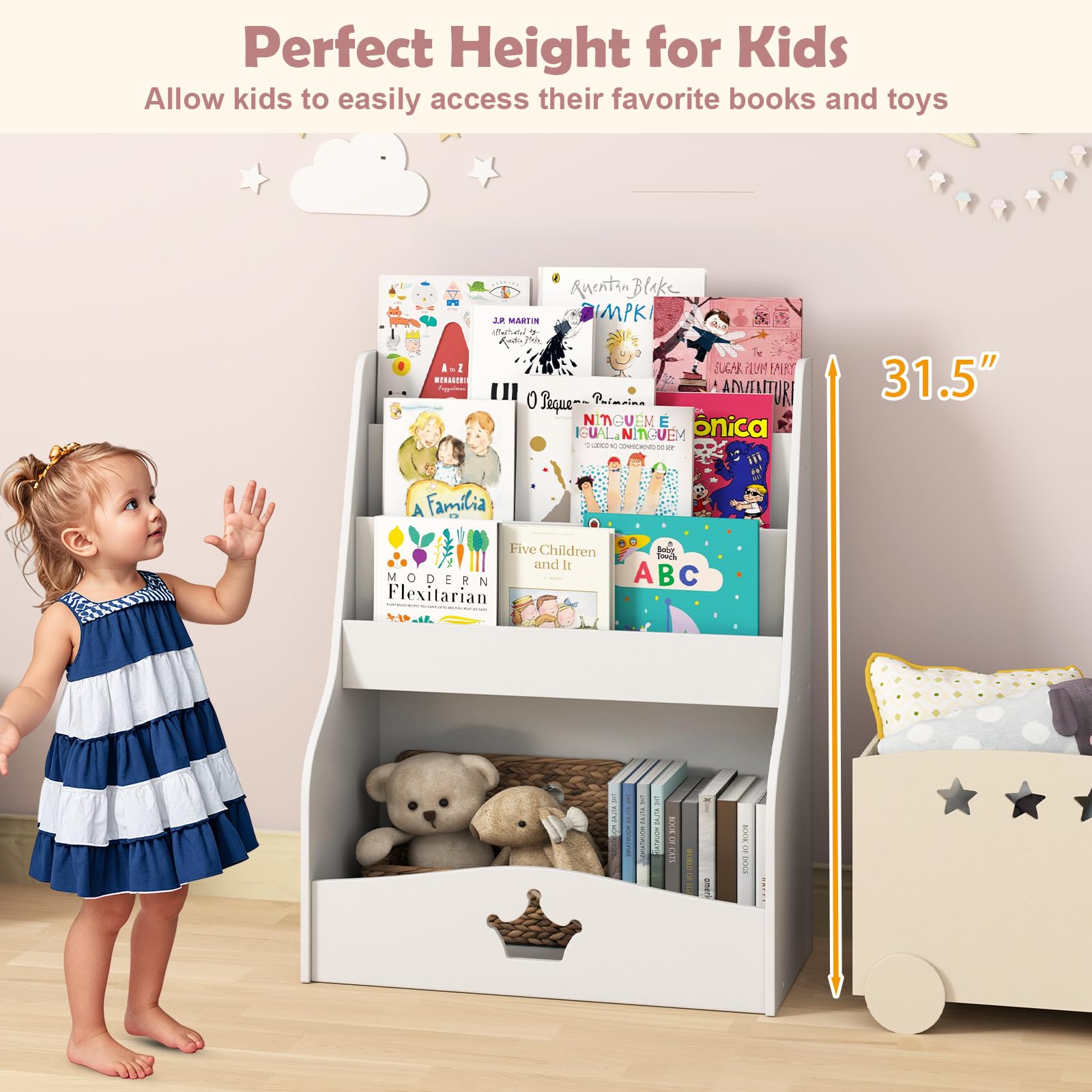 HOGEBABY Kids Bookshelf and Toy Storage, 3-Tier Toddler Bookshelf with Large Storage Cubby - Image 8