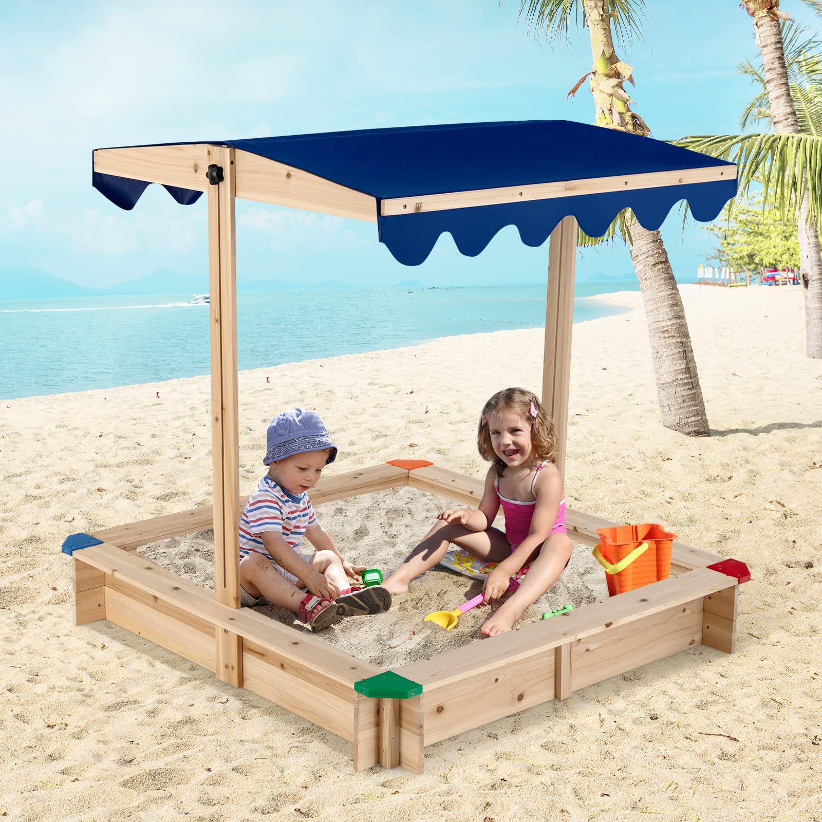 HOGEBABY Kids Wooden Sandbox with Canopy, Square Cabana Sandbox with Ground Liner - Image 8