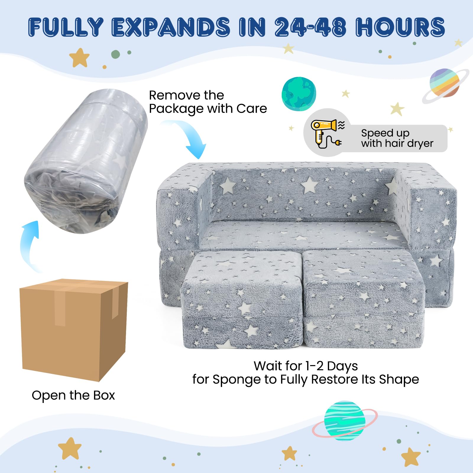 HOGEBABY Kids Couch Set Convertible, 2 Seat Toddler Chair Glow in The Dark, Fold Out Children Sofa Couch - Image 8