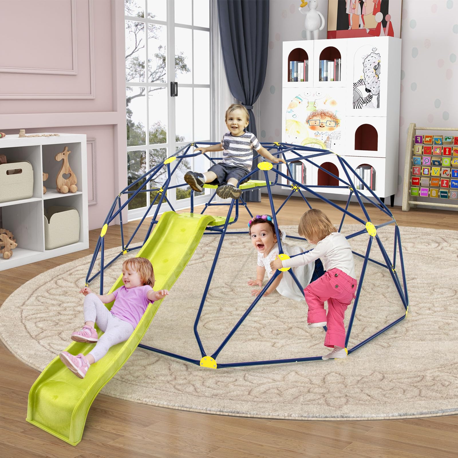 HOGEBABY Climbing Dome with Extended Wavy Slide, 13.3FT Outdoor Jungle Gym Monkey Bar, 2 in 1 Geometric Dome Climber Playground Set - Image 8