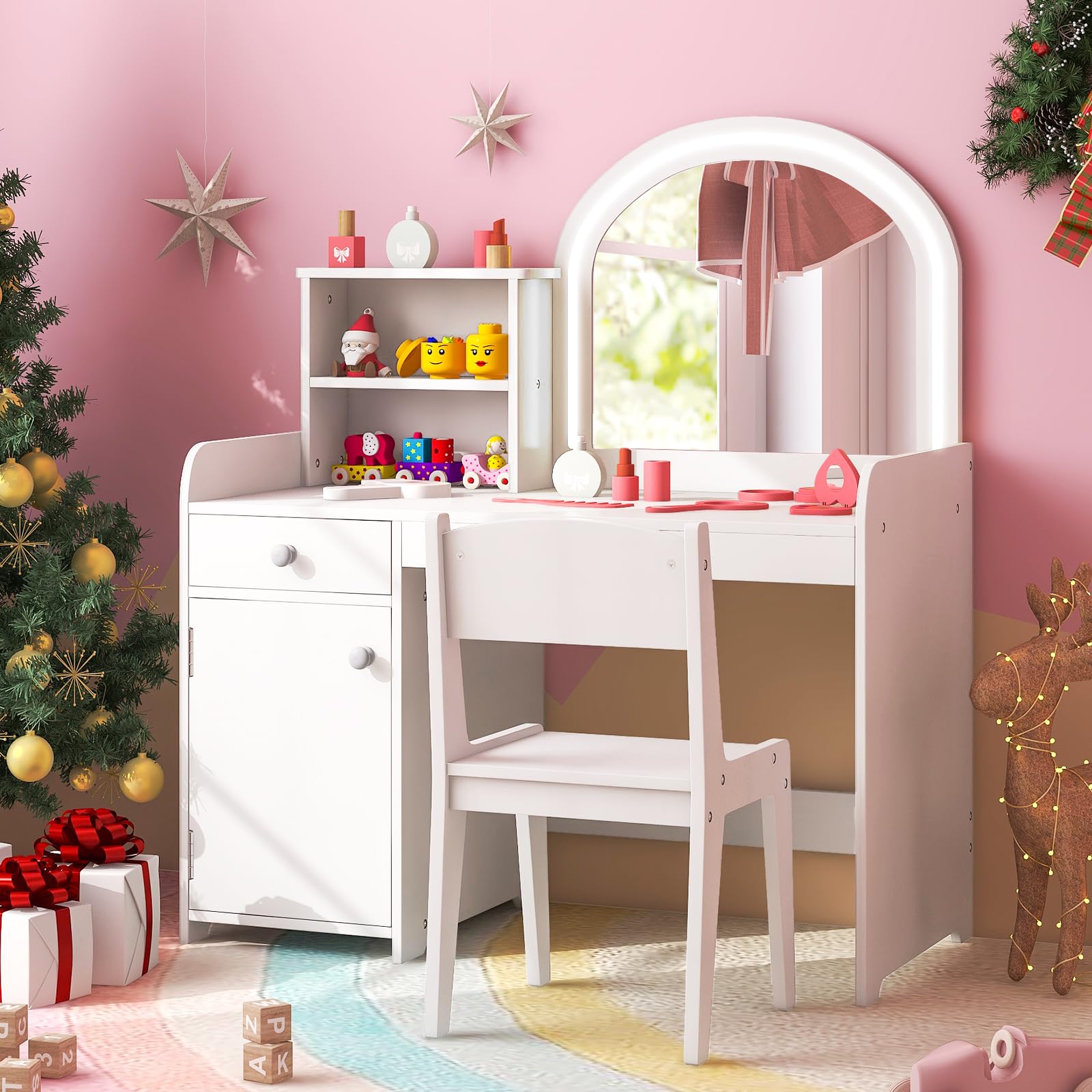 HOGEBABY Kids Vanity, Girls Vanity Set with Mirror and Stool and Lights, Makeup Vanity Desk - Image 9