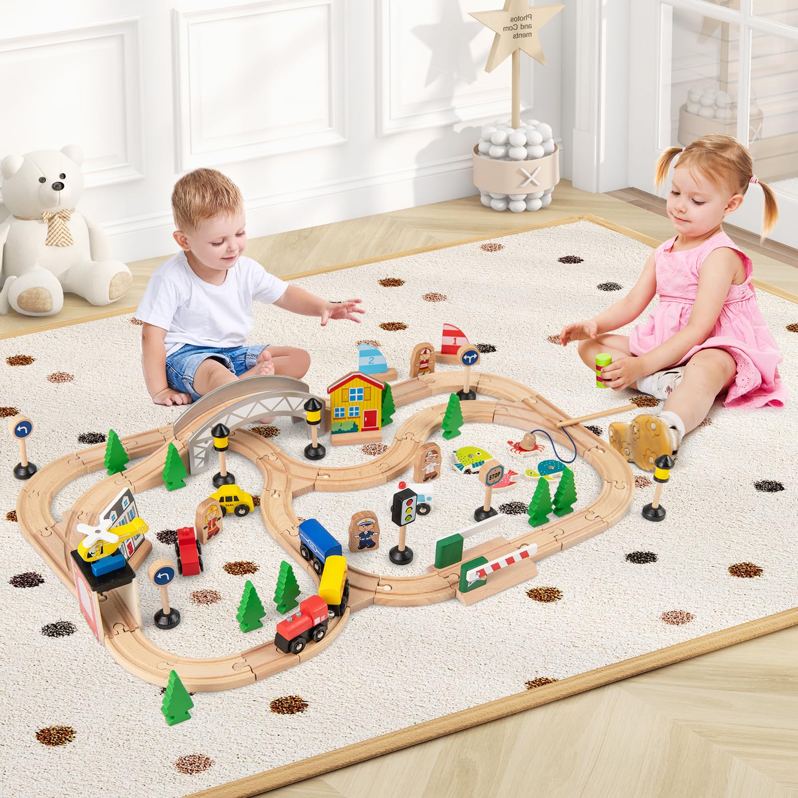 HOGEBABY Train Table 5 in 1 Kids Activity Wooden Set w/ 78 Pieces Railway Playset - Image 2
