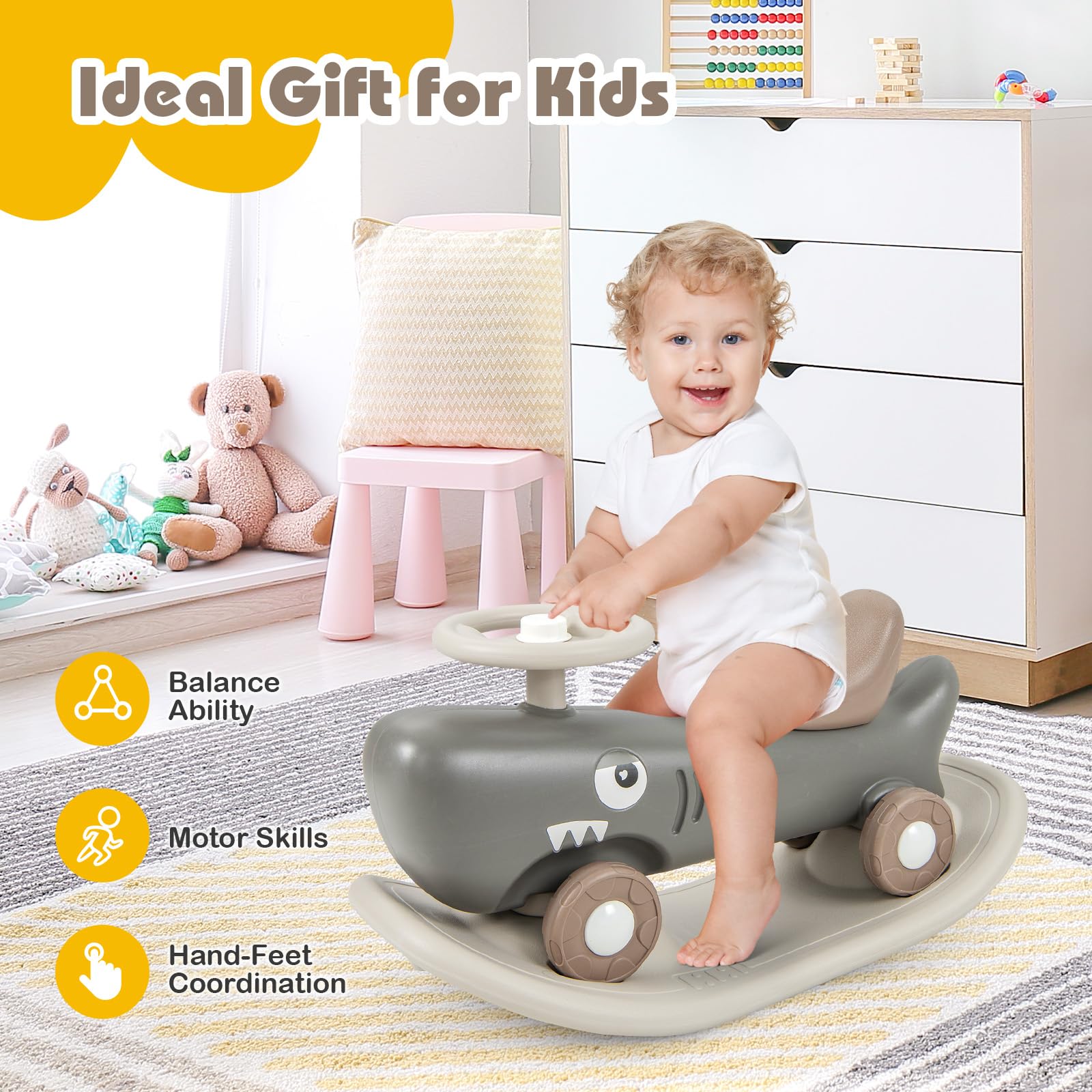 HOGEBABY 3 in 1 Rocking Horse, Ride On Push Car for Toddlers, Shark Rocking Sliding Toy Set for Boys Girls - Image 8