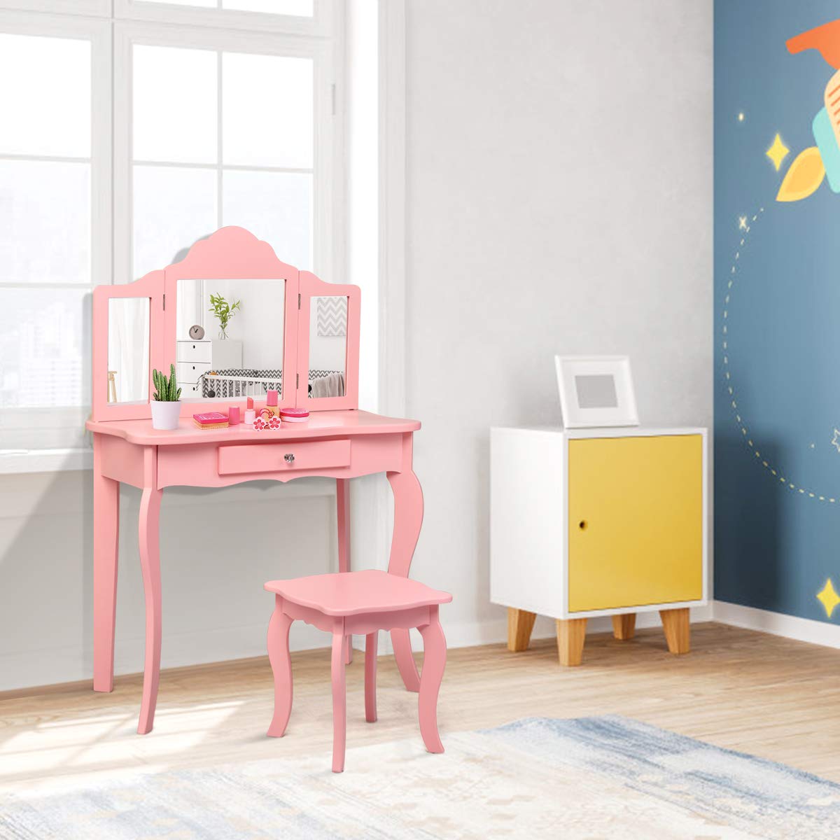 HOGEBABY Kids Wooden Vanity Table & Stool Set, 2 in 1 Detachable Design with Dressing Table and Writing Desk (Pink) - Image 8