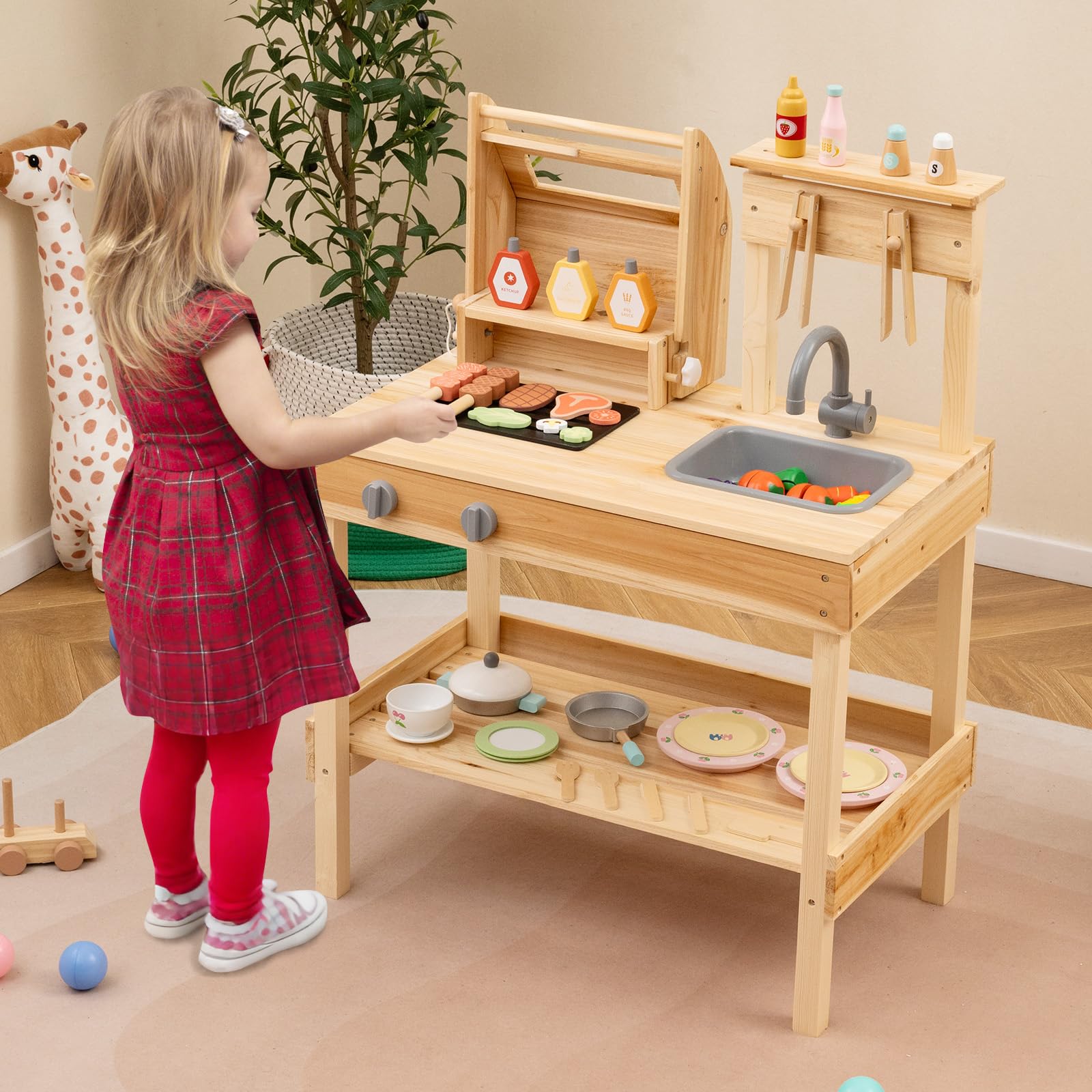 HOGEBABY Kids Grill Playset, Wooden Kids BBQ Grill Playset with Play FoodWith Shelf - Image 8