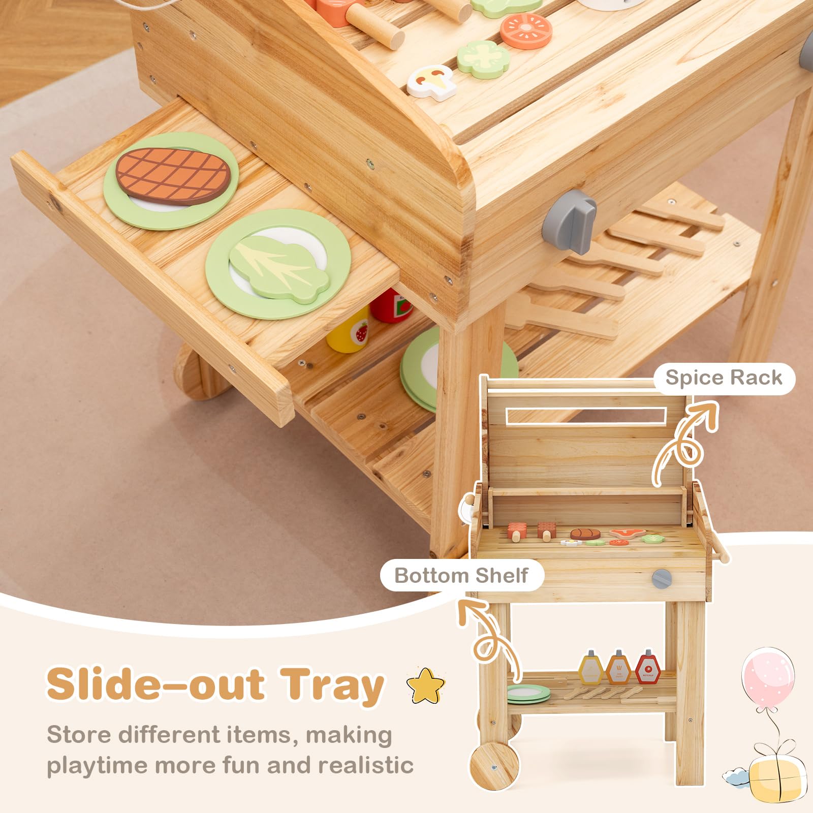 HOGEBABY Kids Grill Playset with Wheels, Wooden Kids BBQ Grill Playset with Play FoodWith Wheels - Image 8