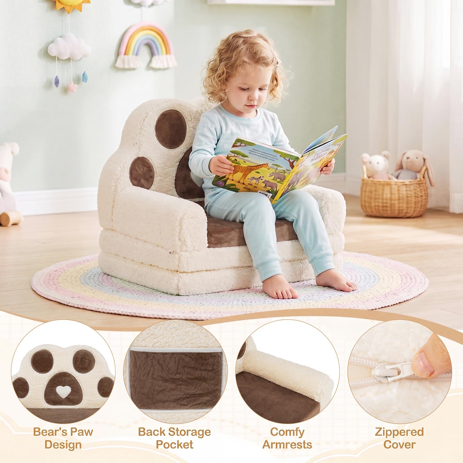 HOGEBABY 2-in-1 Convertible Kids Soft Fold Out Toddler Couch Chair Kids Furniture for Playroom (Bear Paws) - Image 7
