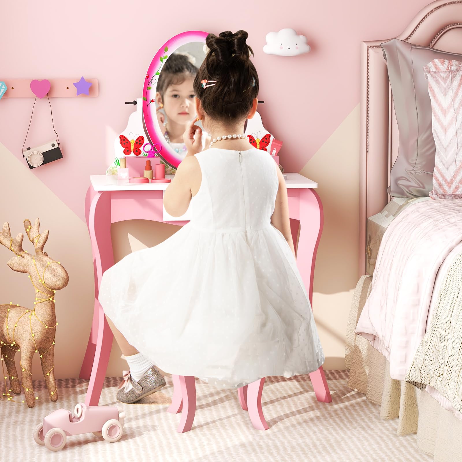 HOGEBABY Kids Vanity, Girls Vanity Set with Mirror and Stool, Drawer, Storage Grids - Image 9