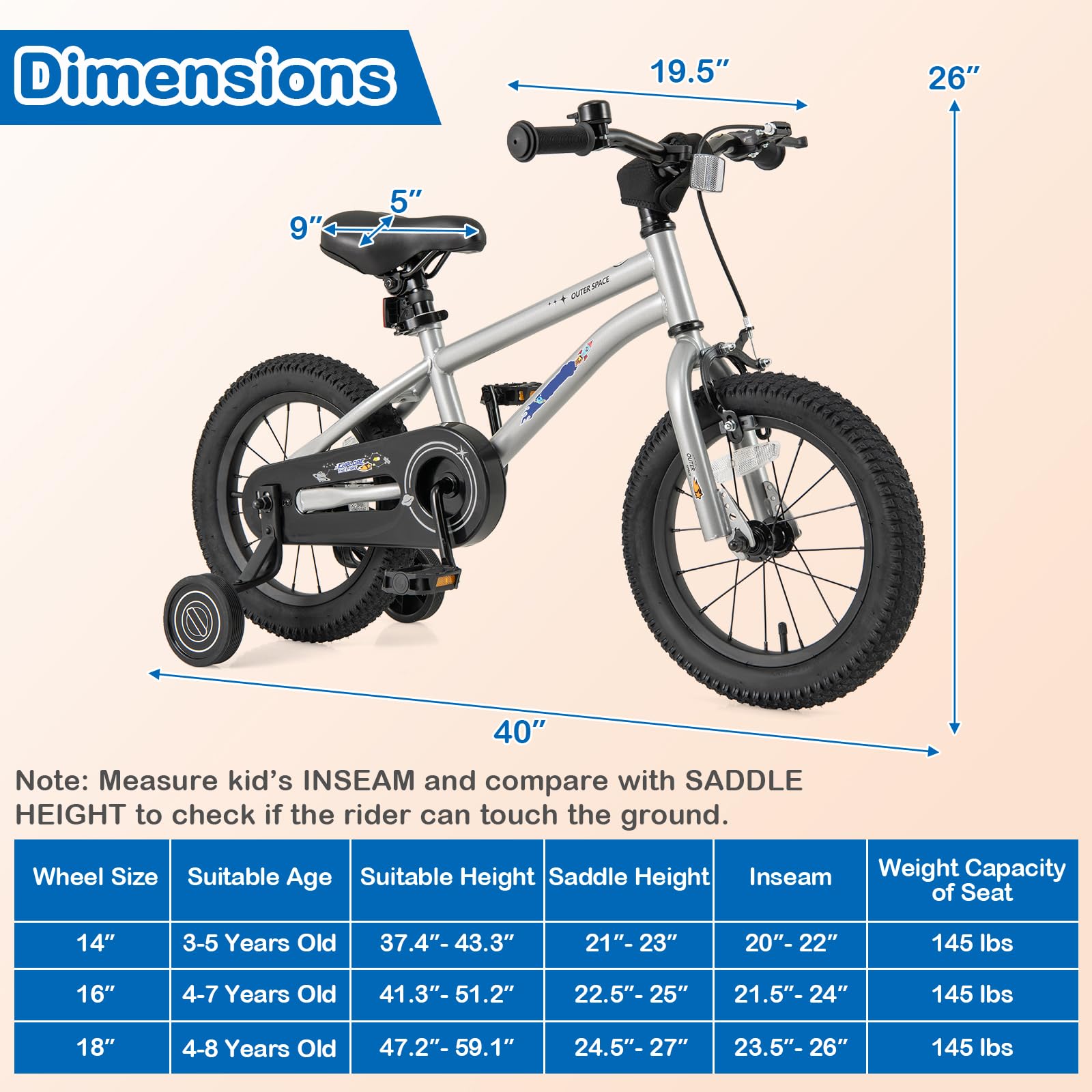 HOGEBABY Outer Space Kids Bike, 14 Inch Sport Bicycle for 4-7 Years Old w/Adjustable Saddle, Training Wheels - Image 8
