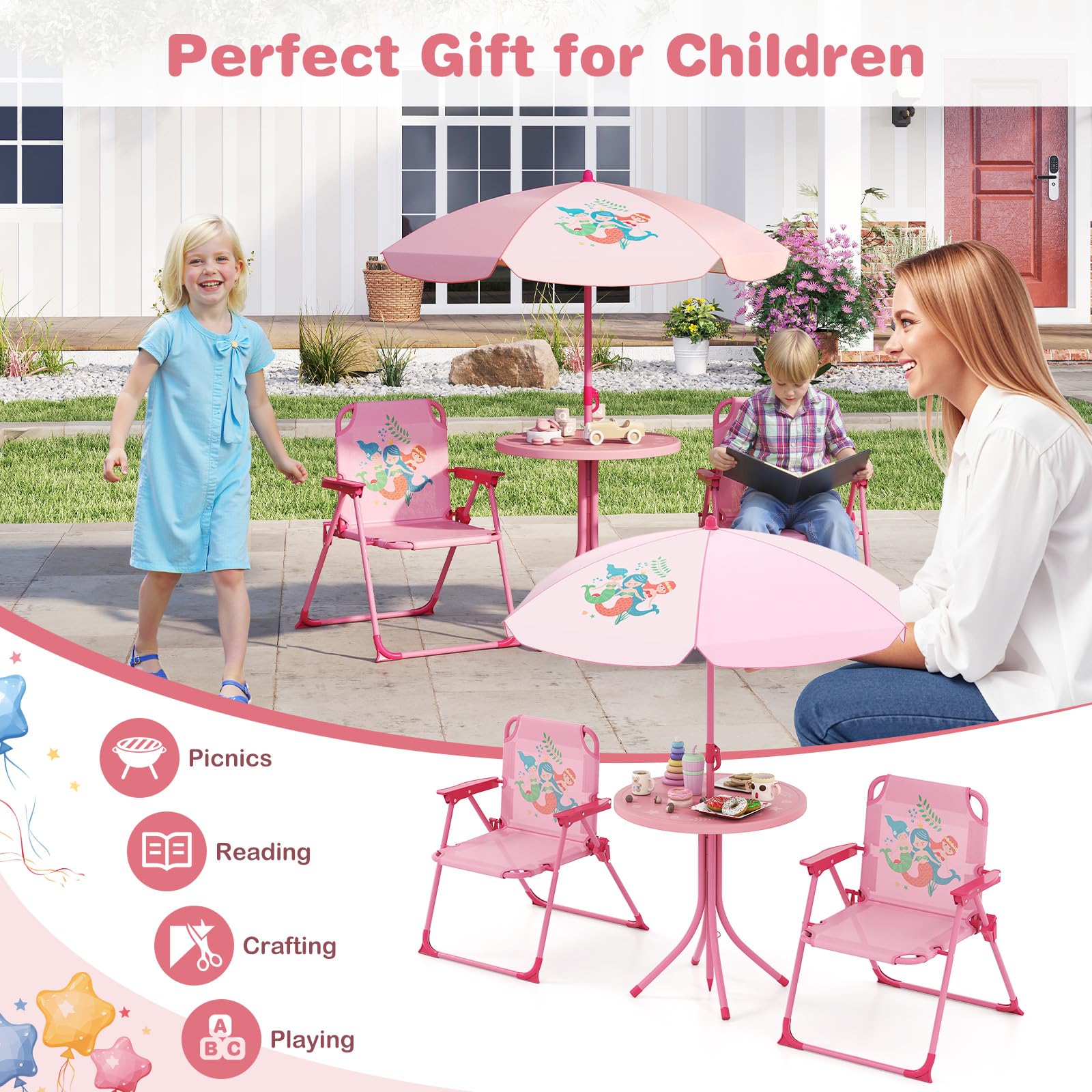 HOGEBABY Kids Outdoor Table with 2 Folding Chairs - Image 9