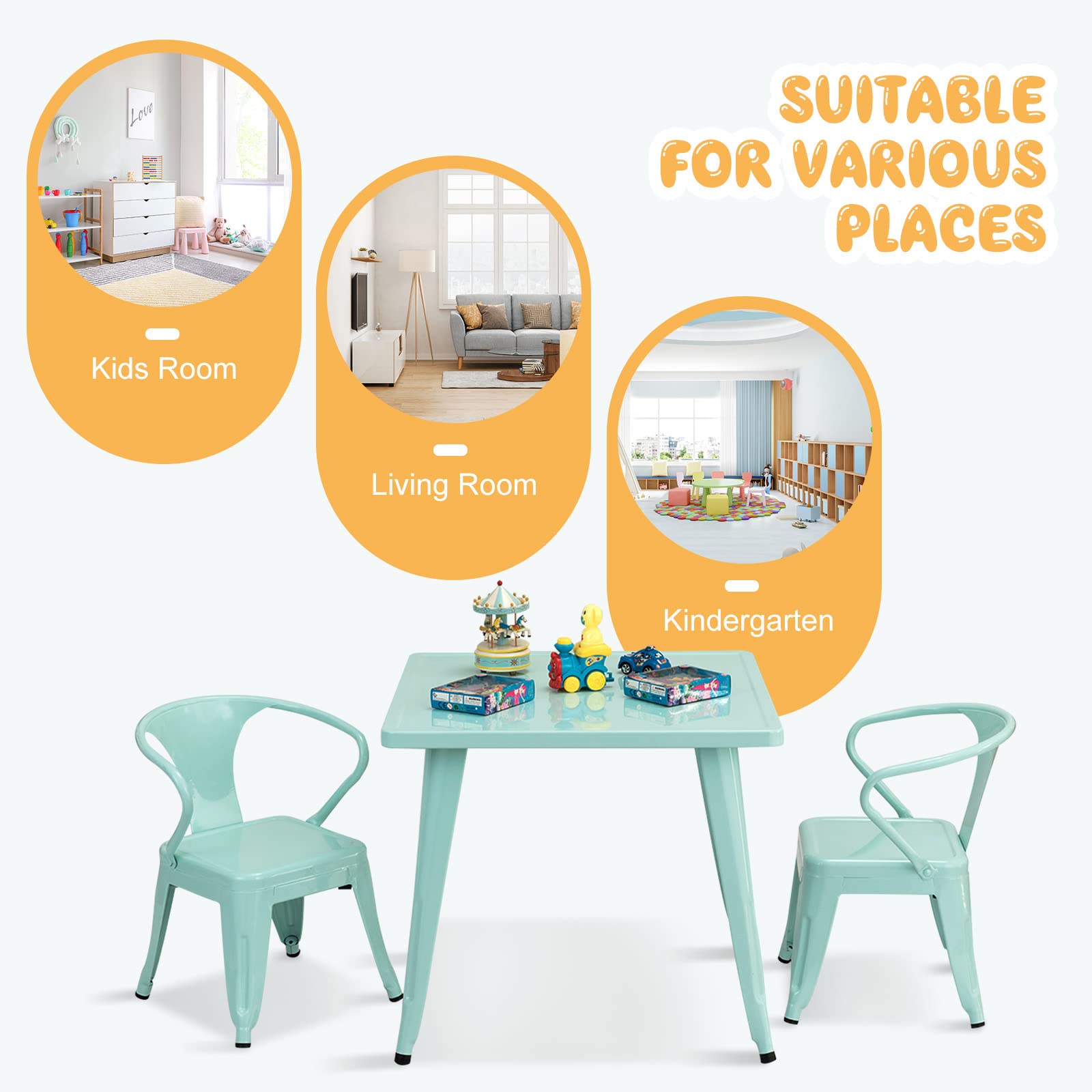 HOGEBABY Kids Table and 2 Chair Set for Indoor/Outdoor Use, Steel Table and Stackable Chairs (Mint Green, Table & Chairs) - Image 11