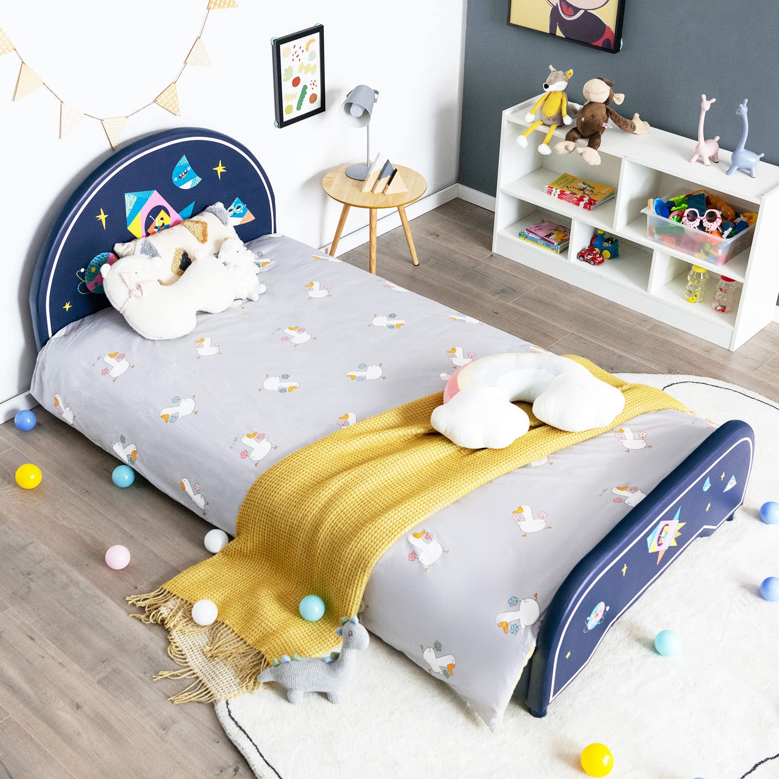 HOGEBABY Twin Bed Frames for Kids, Wood Upholstered Twin Bed Platform with Slat Support - Image 5